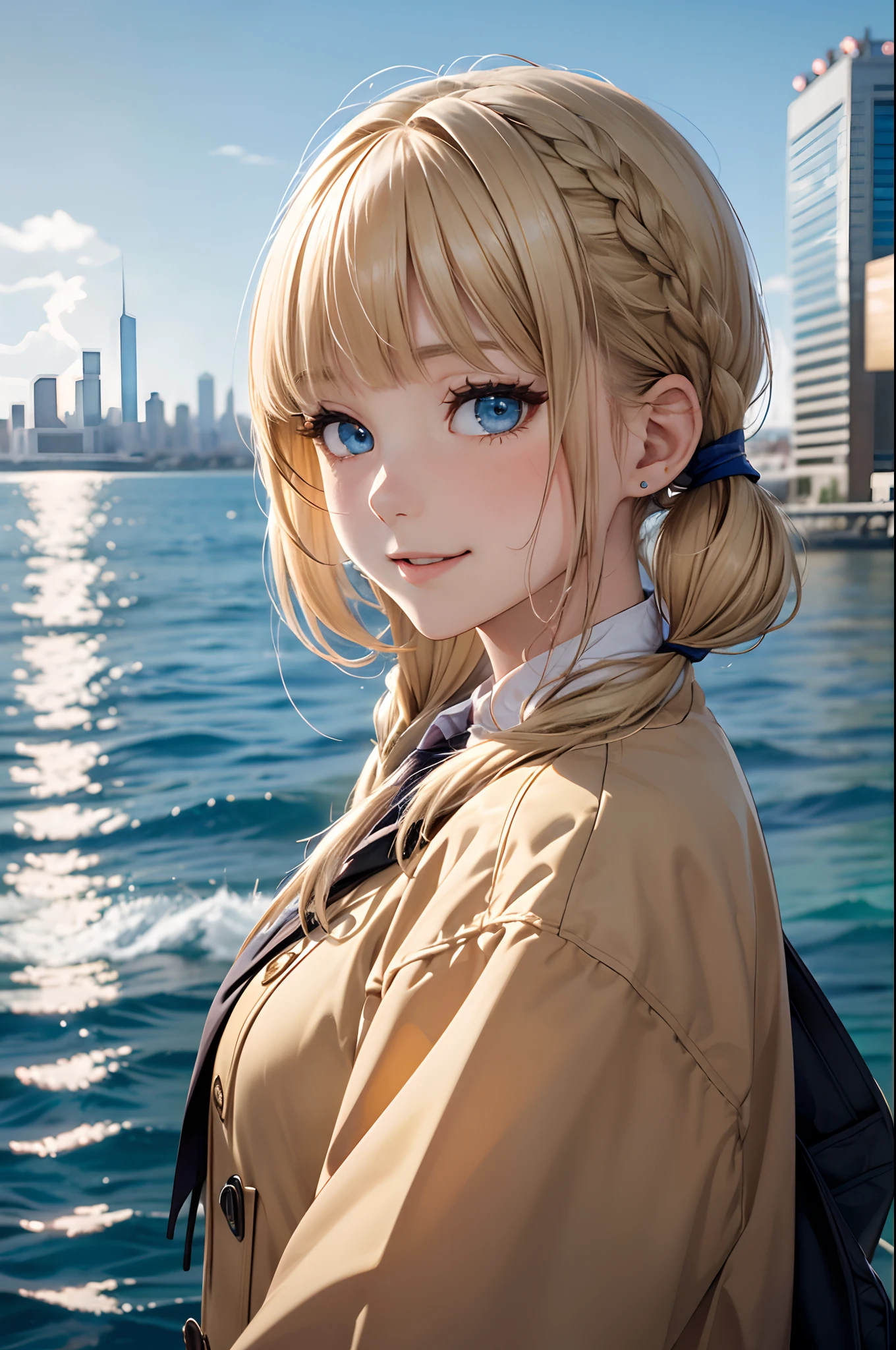absurderes, ultra-detailliert,bright colour,(in 8K:1.3),masuter piece,extremely beautiful detailed face and eyes,(longshot:1.4),25 years old,(blonde hair:1.3), (short twintails:1.6),(Aligned bangs:1.4) Delicate beautiful face, red blush、(Deep Blue Eyes:1.3),(Duffel coat),(A metropolis surrounded by water:1.5), (From Side:1.3),School uniform,A smile,(Upper body:1.3),