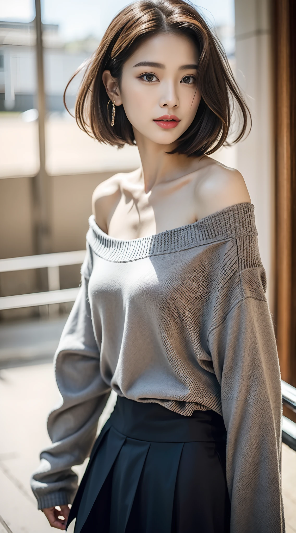 Close up of woman in grey shirt posing for photo, gray shirt, shoulder - length, off shoulder shirt, korean female fashion model, grey sweater, attractive girl, Gorgeous young Korean woman, photo 85mm, With short hair, gorgeous woman, Small shoulders, wearing a cute top, Open V chest clothes, by Leng Mei