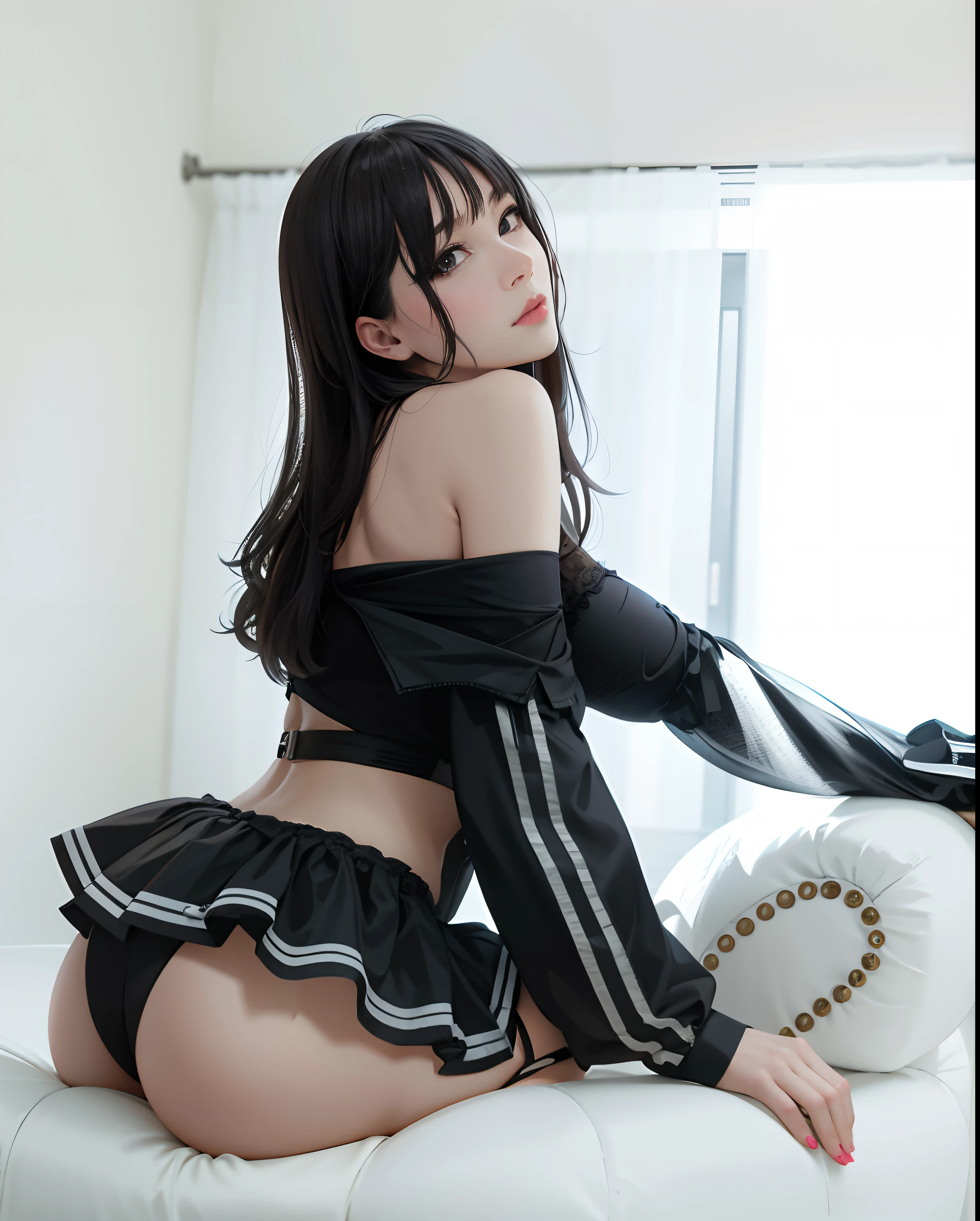 There is a woman sitting on a sofa dressed in black, Realistic Young Gravure Idol, taken with canon 8 0 d, taken with canon eos 5 d mark iv, taken with canon 5d mk4, in black uniform, sophisticated gravure idol, taken with a canon eos 5 d, Young Pretty Gravure Idol, 奈良美智