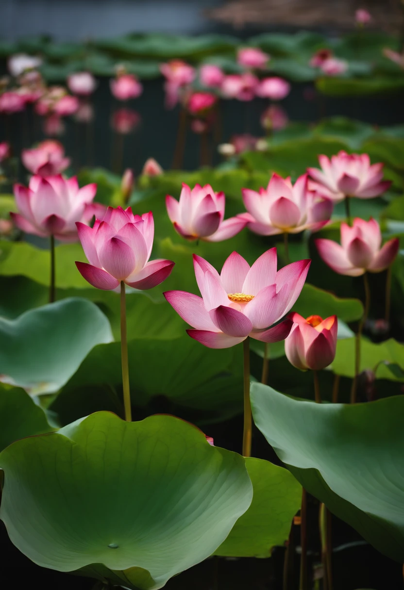 A row of lotus flowers with brightly colored flowers