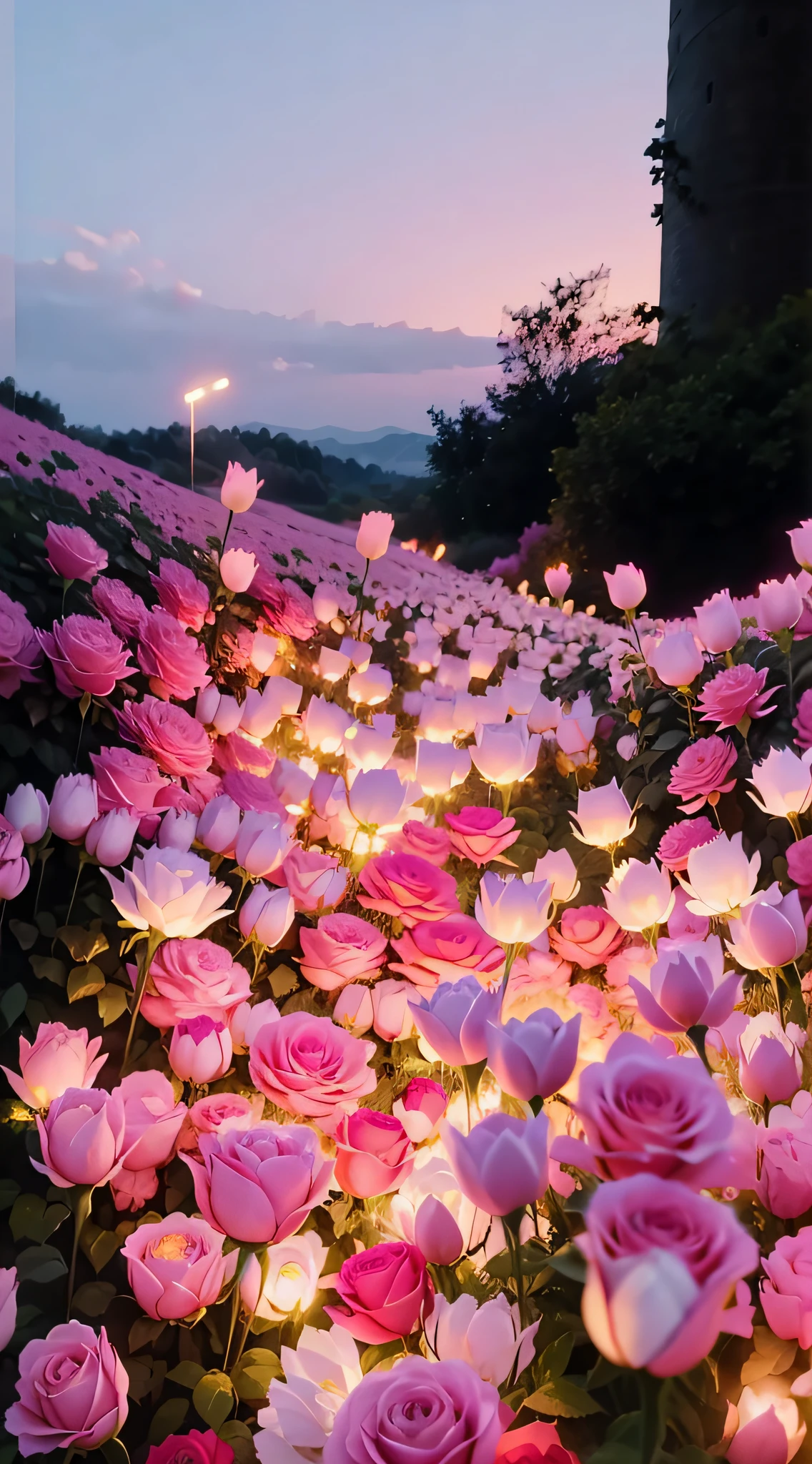There are many pink roses in the middle of the field, Glowing flowers, rose pink lighting, beautiful flowers growing, Luminous flowers, lights with bloom, soft bloom lighting, beautifully soft lit, at gentle dawn pink light, beautiful light up, soft light 4 k in pink, field of flowers at night, beautifully lit, Beautiful flowers, Soft glow, beatifully lit