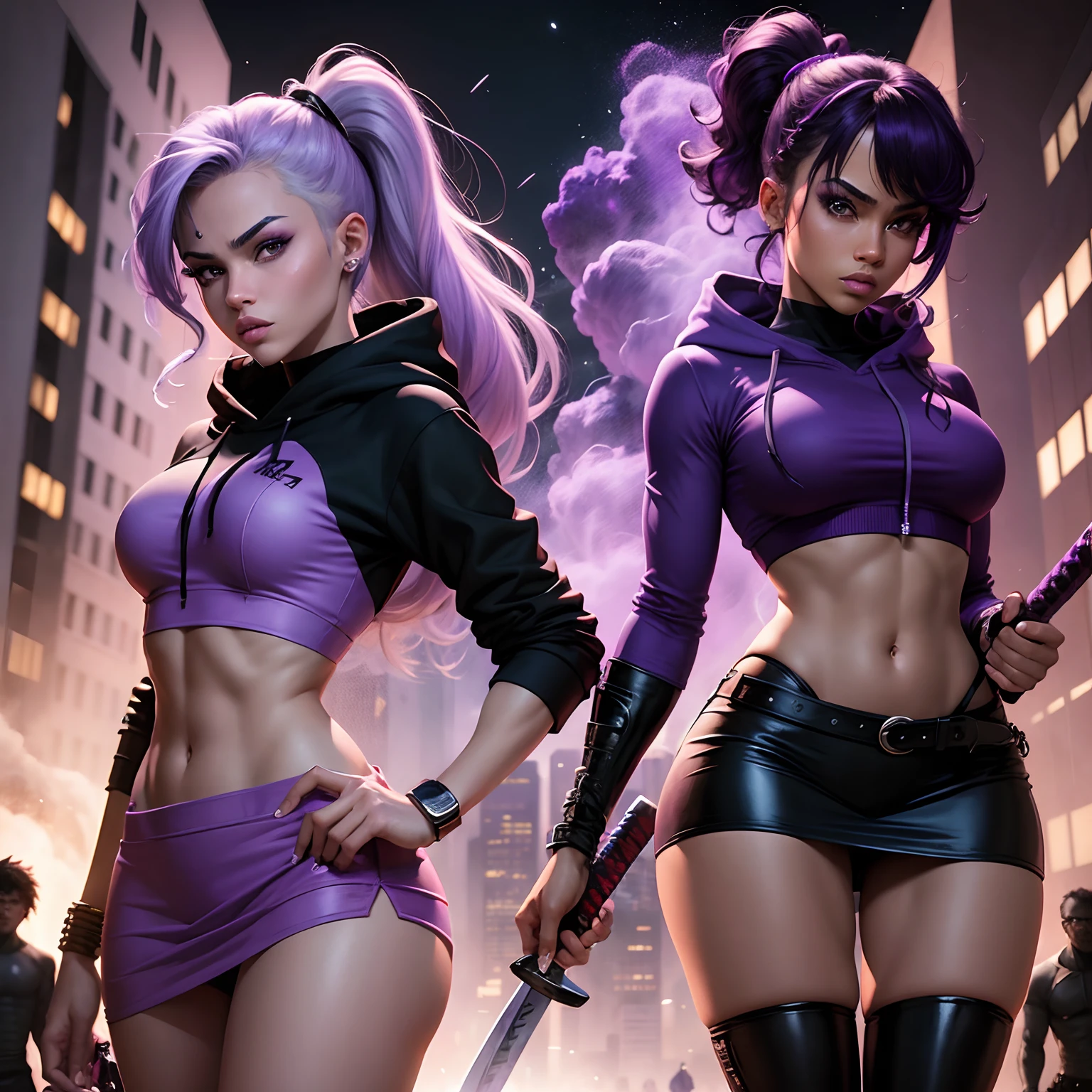 graphic novel style, ready to fight villains, houston texas, night time, purple smoke, two beautiful crime fighting models, one caucasian with light purple hair, one mixed African American with dark hair, 23 years old, wearing hoodies, skirts, pony tails, staff, katana, surrounded by enemies