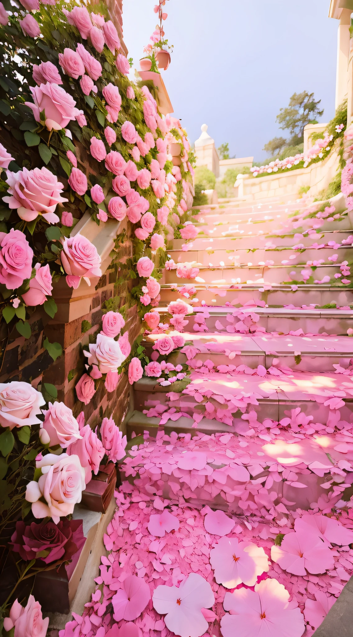 Pink roses are scattered on the steps of the house, with soft pink colors, rose pink lighting, Beautiful and aesthetic, beautiful aesthetic, Pink flowers, rosses, heaven pink, romantic motifs, leading to a beautiful, pink petals fly, floral decorations, (in pink), portal made of roses, blossoming path to heaven, rosette, shades of pink, Beautiful flowers