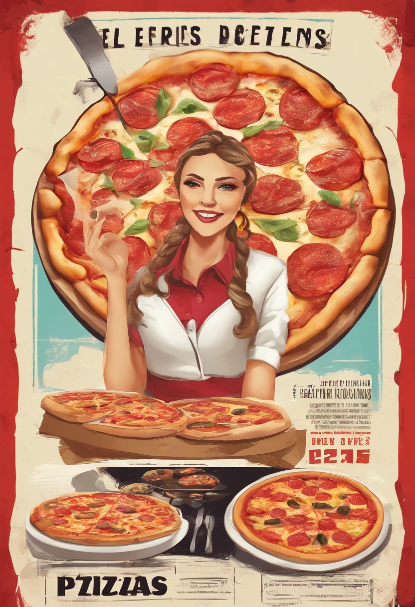 A girl holding pizza flyers, colorful illustrations, digital art, high-resolution printing, attractive designs, vivid colors, mouth-watering food, eye-catching typography, modern graphics, professional layout, appetizing images, tempting offers, attention-grabbing visuals, engaging composition, appealing promotional material, creative artwork, vibrant illustrations, persuasive marketing, effective call-to-action, customer-friendly information, must-try pizzas, delightful toppings, diverse menu options, seamless online ordering, convenient delivery service, irresistible discounts, local pizzeria branding, authentic Italian flavors, happy customers enjoying pizza, satisfied testimonials, social media promotions, targeted advertising campaigns, captivating presentations, attention to detail, high-quality prints, professional graphics, seamless brand integration
