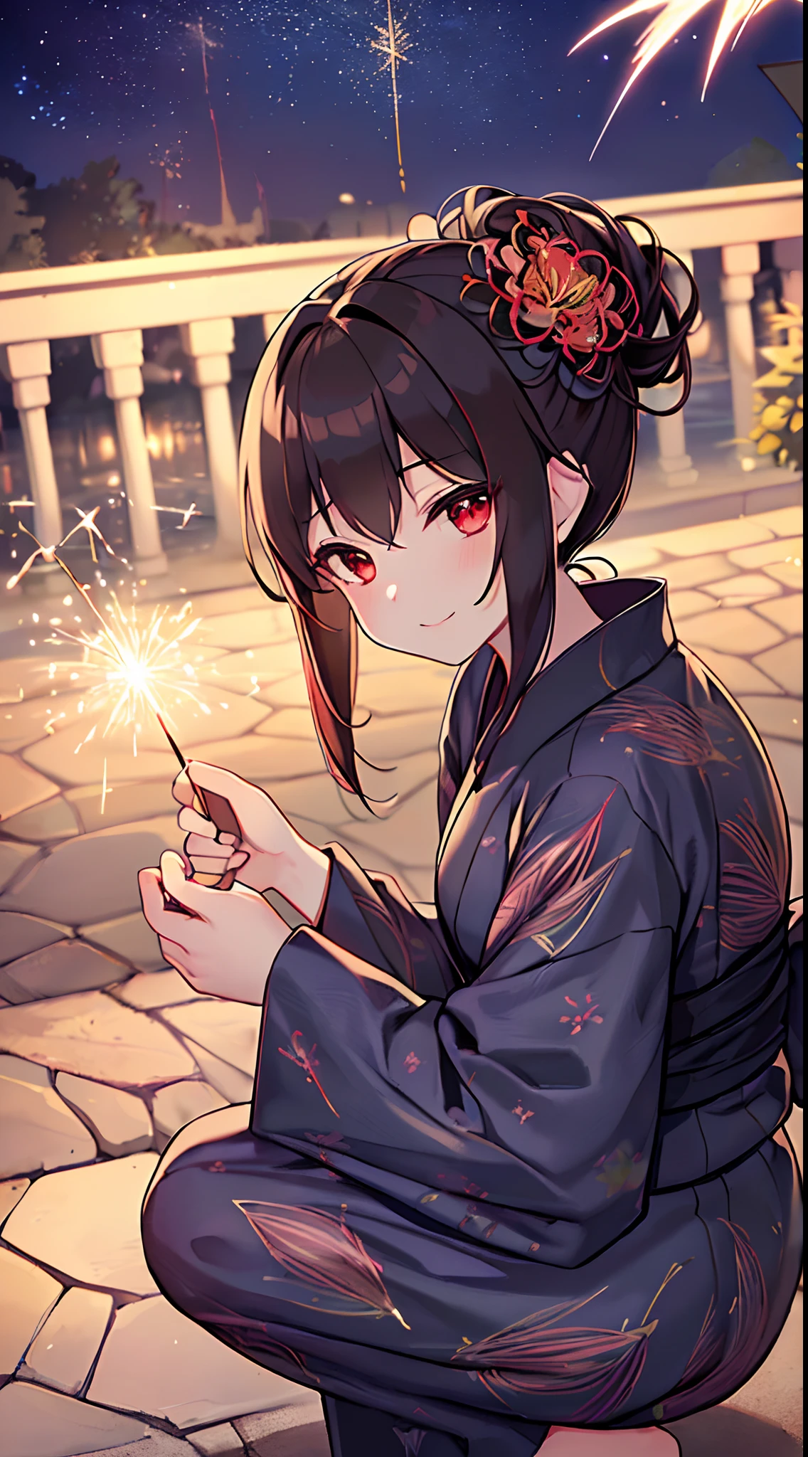 (top-quality), (​masterpiece)、(ultla detailed)、Beauty alone、Outside、(Dim night view)、FULL BODYSHOT、Floodside、(Have a sparkler:1.5)、(18year old:1.3)、Medium chest、(Ephemeral smile)、(Red Eyes)、(A dark-haired:1.5)、(Chignon:1.5)、Blunt bangs、(Black yukata 1.2)、(Floral pattern of yukata)、(maxi length)、Sandals、(Squatting:1.5)、(cluster amaryllis hair ornaments:1.3)、Bring forward the hand holding the sparkler