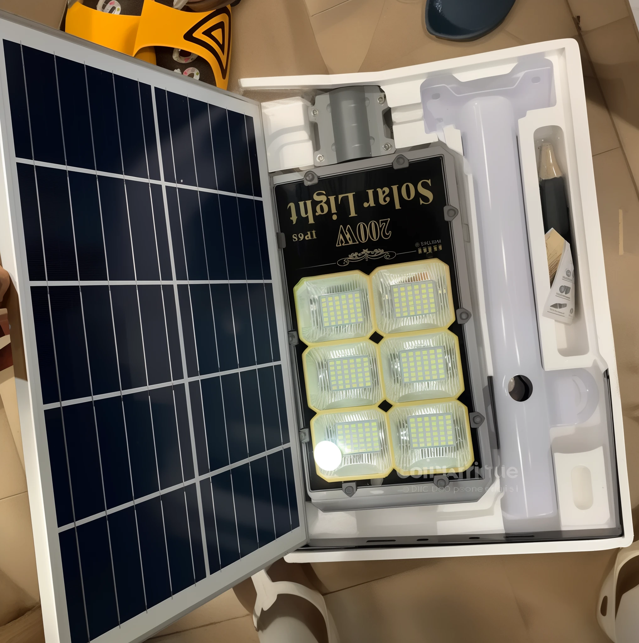 A close-up of a solar panel in a cooler with a solar panel, par Xul Solar, Very high quality lights, Vue imprenable, SSAO 8 K, Solar energy, High Quality BSSRDF Material, high quality image, Vue ci-dessus, Solar energy, Very good quality lighting, Description, Photo prise en 2 0 2 0, good quality lighting