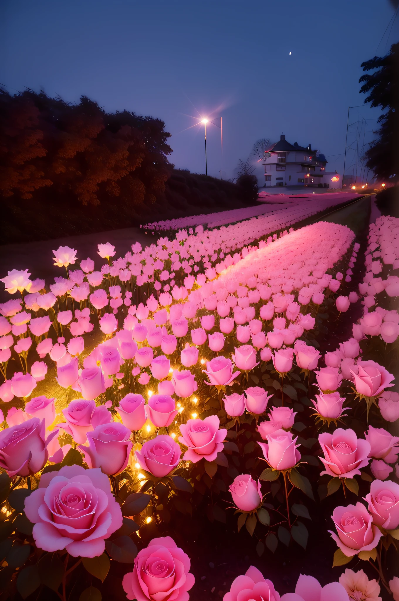 Pink roses are illuminated in the dark, rose pink lighting, Glowing flowers, field of flowers at night, Luminous flowers, beautiful flowers growing, lights with bloom, Many cherry blossom origami roses, beautiful light up, soft light 4 k in pink, at gentle dawn pink light, roses in cinematic light, Beautiful large flowers, Beautiful and aesthetic, field of pink flowers