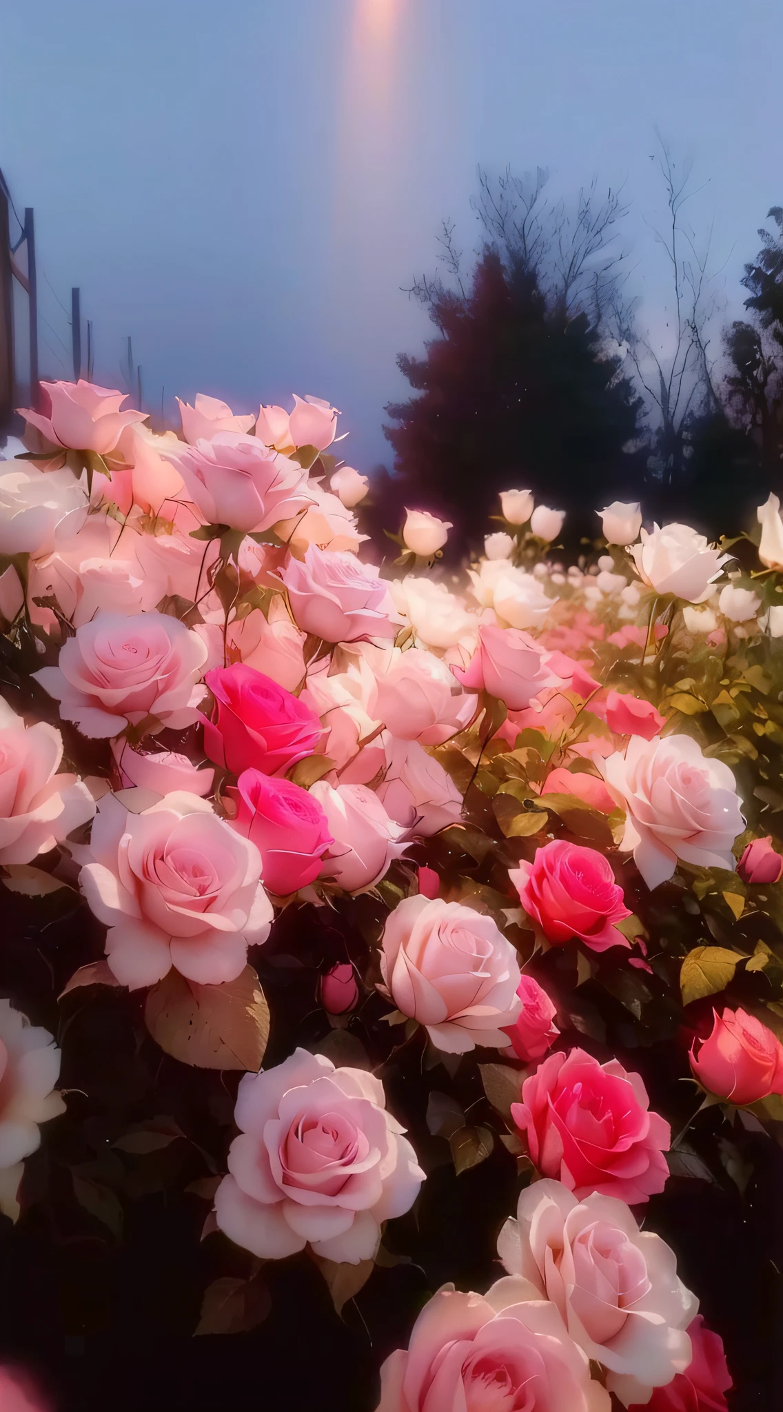 There are a lot of pink and white roses in the field, beautiful flowers growing, Beautiful flowers, Glowing flowers, rose pink lighting, Magical flowers, Beautiful and aesthetic, rosses, roses in cinematic light, rosette, Luminous flowers, soft light 4 k in pink, Pink flowers, beatiful background, laying on roses, melanchonic rose soft light, beutifull, beautiful  flowers