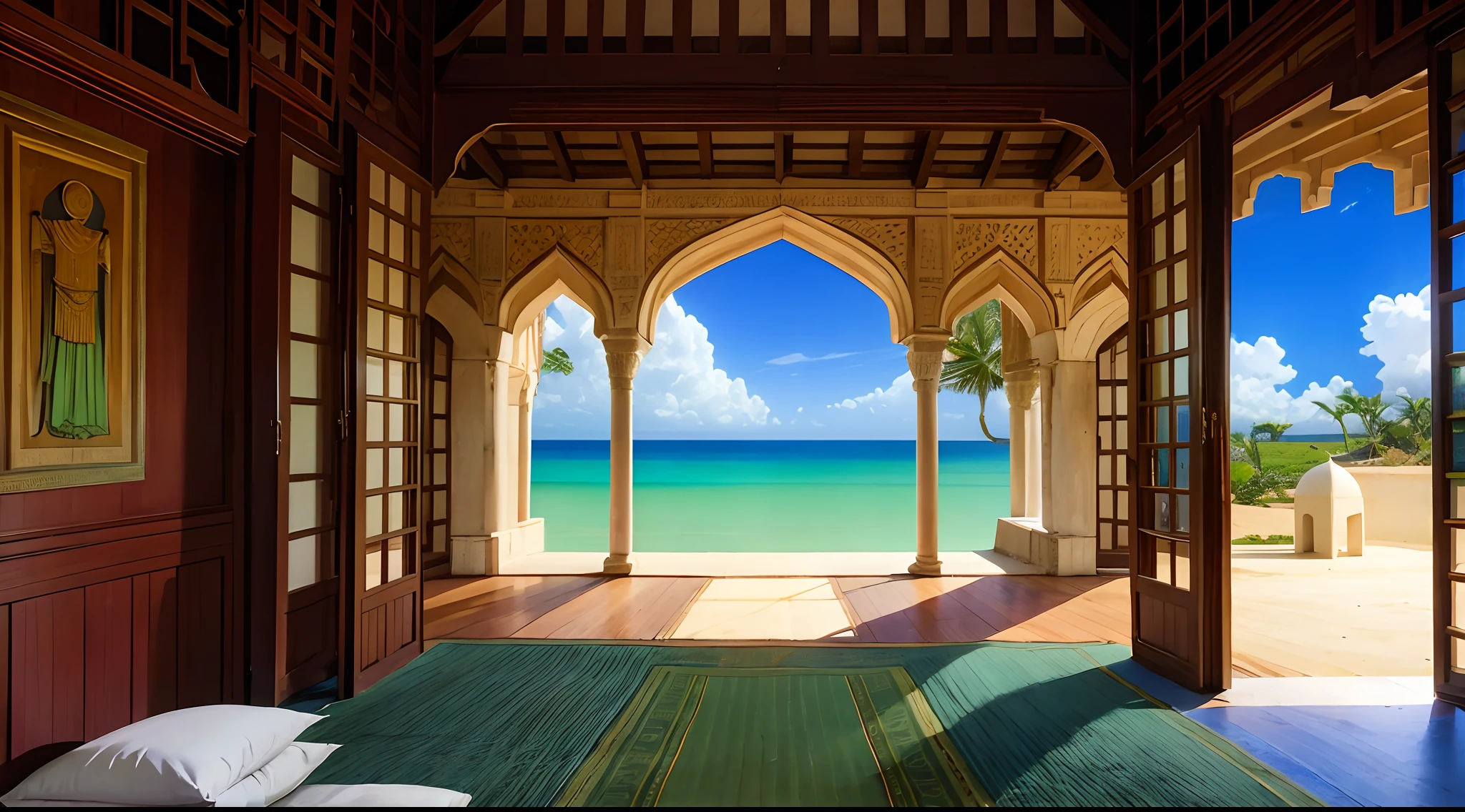 Interior view of East Africa Palace, Muslim architecture, Kilwa, Mombasa, Malindi, Sultanate, 15th century, medieval, East Africa element, mixture of East Africa style and muslim style and Kilwa style furniture, Muslim style throne, no people, no word, no wordings, no signature