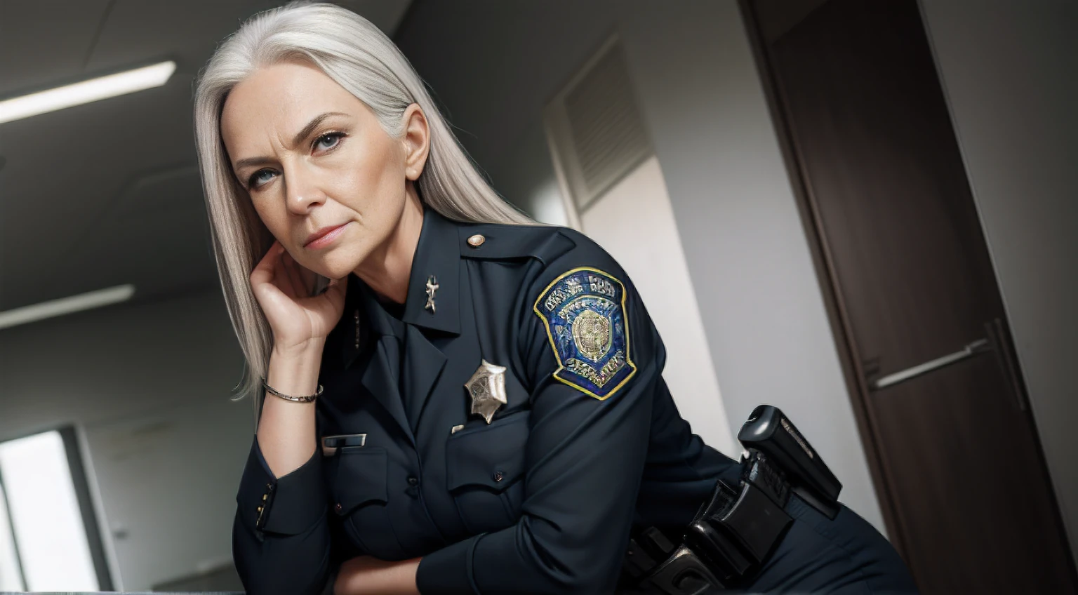 portrait of a 70-year-old woman with long gray hair, seductive gaze, green eyes, some wrinkles on her face,  8k, detailed background, utlra realistic, realism, exta realistic, wrinkles on body, police department background , police office background, police department corridor background, police officer suit, random sexy pose,  police officer clothes with high neckline, showing full body, full body, extra small titts, small breasts, looking at viewer from below, light smile, teeth indoors,soft lighting, extreme detail, hdr, short hair