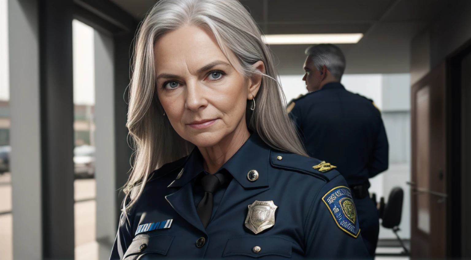 portrait of a 75-year-old woman with short gray hair, seductive gaze, blue eyes, some wrinkles on her face, 8k, NSFW:1.1, detailed background, utlra realistic, extra small titts, small breasts, realism, exta realistic, wrinkles on body, police department background , police office background, police department corridor background, police officer suit with high neckline, random sexy pose, police officer clothes with high neckline, showing full body, full body, light smile, teeth indoors, extreme detailed, hdr, short old hair,