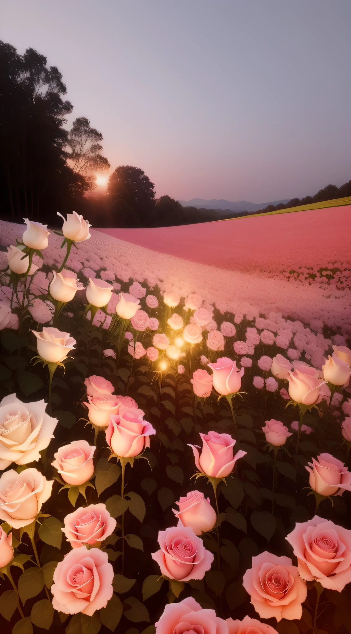 There are a lot of white and pink roses in the field, Glowing flowers, Beautiful large flowers, field of flowers at night, beautiful flowers growing, an aesthetic field of flowers, rose pink lighting, Beautiful and aesthetic, roses in cinematic light, Magical flowers, Luminous flowers, soft light 4 k in pink, Beautiful flowers, melanchonic rose soft light, beautiful aesthetic, rosette
