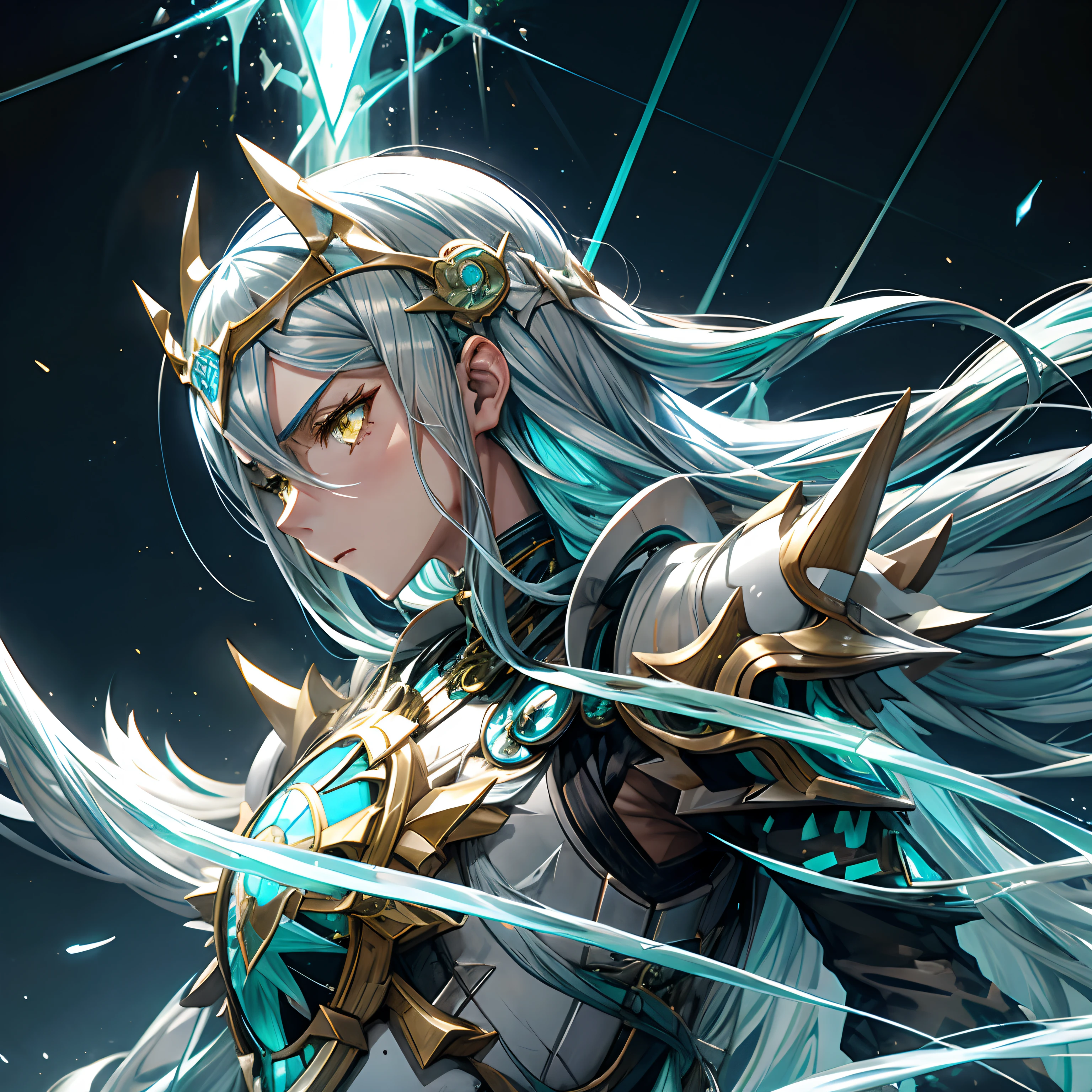 Azura, aqua fire emblem fates, yellow eyes, white mecha armor, silver electronic armor, blue energy, glassy futuristic city background, portrait shot