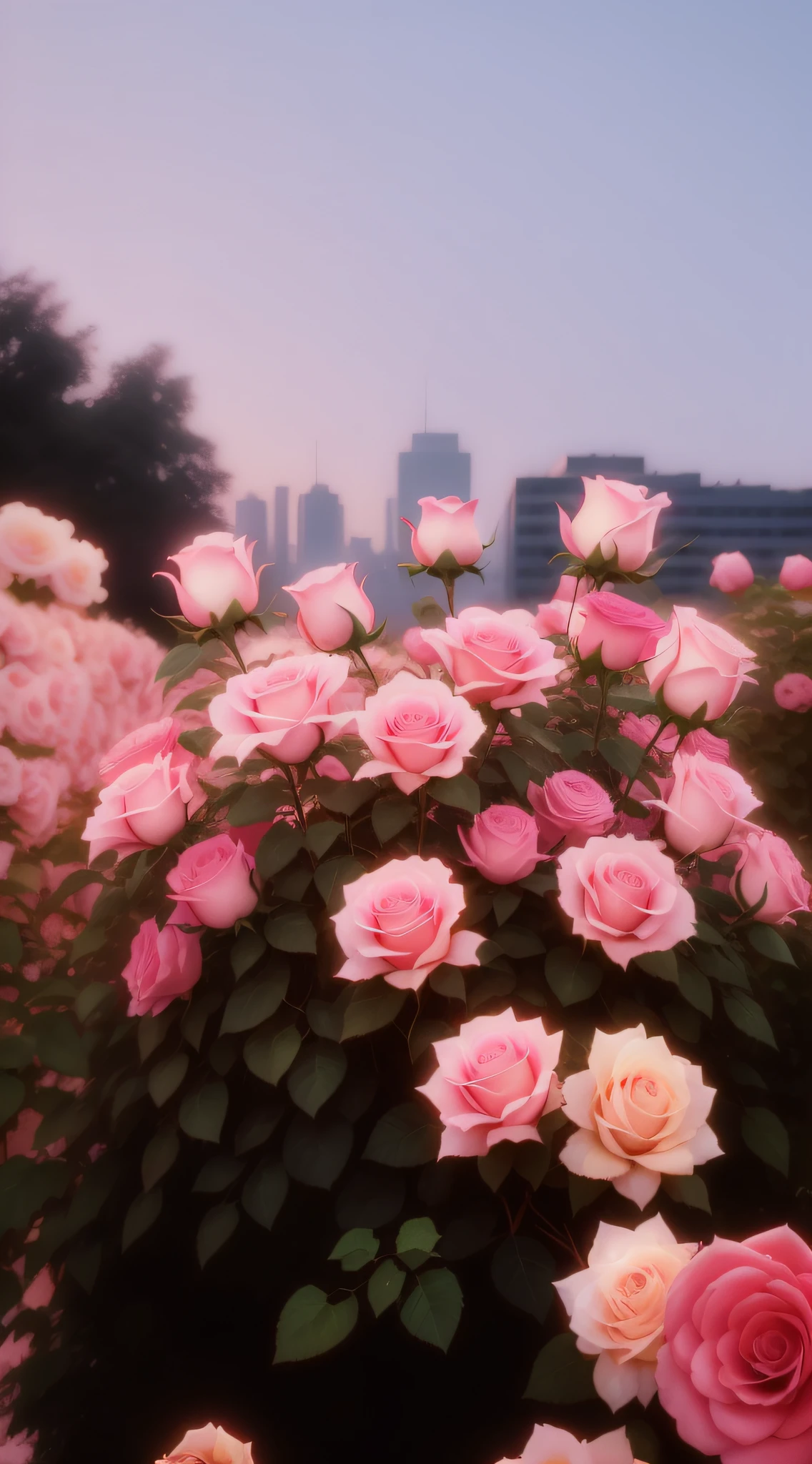 There are many pink roses in the bushes,The background is a city, beautiful flowers growing, roses in cinematic light, rosses, Beautiful and aesthetic, rosette, Beautiful flowers, soft light 4 k in pink, Pink flowers, big breasts beautiful, Magical flowers, 4 8 0 p, 480p, beutifull, a few roses, 4 0 9 6