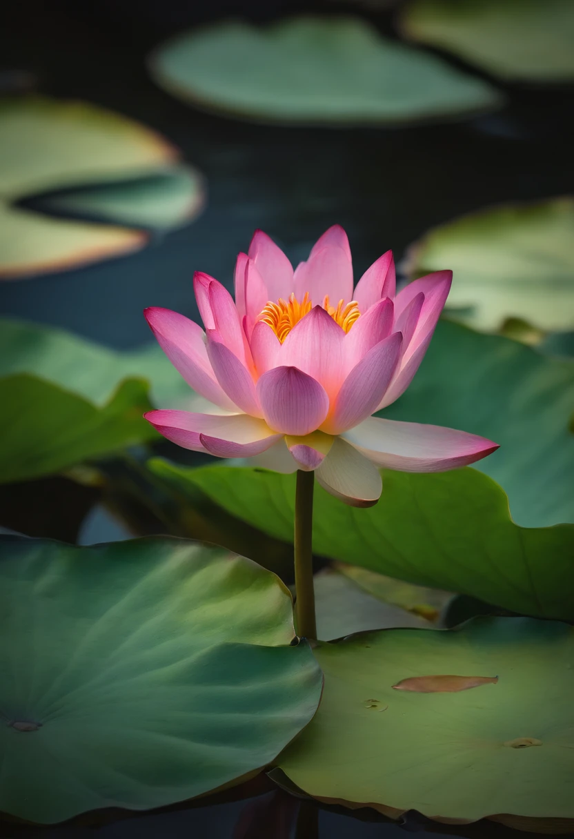 (best quality, vibrant colors:1.2),ultra-detailed,realistic,lotus,flowers,water,lily pads,nature,serene,reflection,sunset,watercolor painting,soft brushes,detailed petals,delicate,stamen,green leaves,pink blossoms,floating,harmony,beautiful garden,tranquil,peaceful,beauty,natural,calm,serenity,unfolding petals,lush,light breeze,summer evening,endless rows,serene atmosphere
