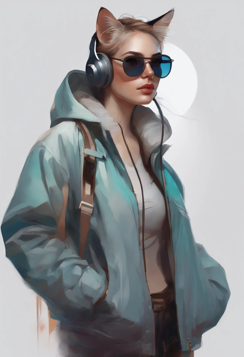 Perfect centering, a cute little cat, Wear a student jacket, Wearing sunglasses, Wearing headphones, Standing position, Abstract beauty, Centered, Looking at the camera, Facing the camera, nearing perfection, Dynamic, Moonlight, Highly detailed, Digital painting, art stations, concept-art, smooth, Sharp focus, 8K, high definition resolution, illustration, Art by Carne Griffiths and Wadim Kashin, White background