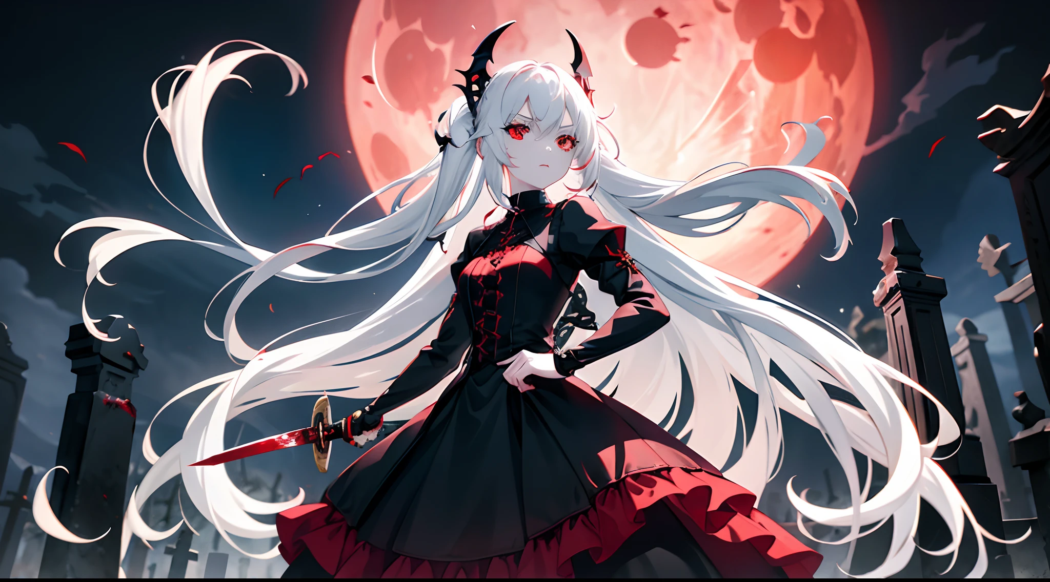 1girl, red eyes, white hair, long hair, black dress, gothic dress, sword, fighting stance, full moon, blood moon, glow, cemetery, blood, night