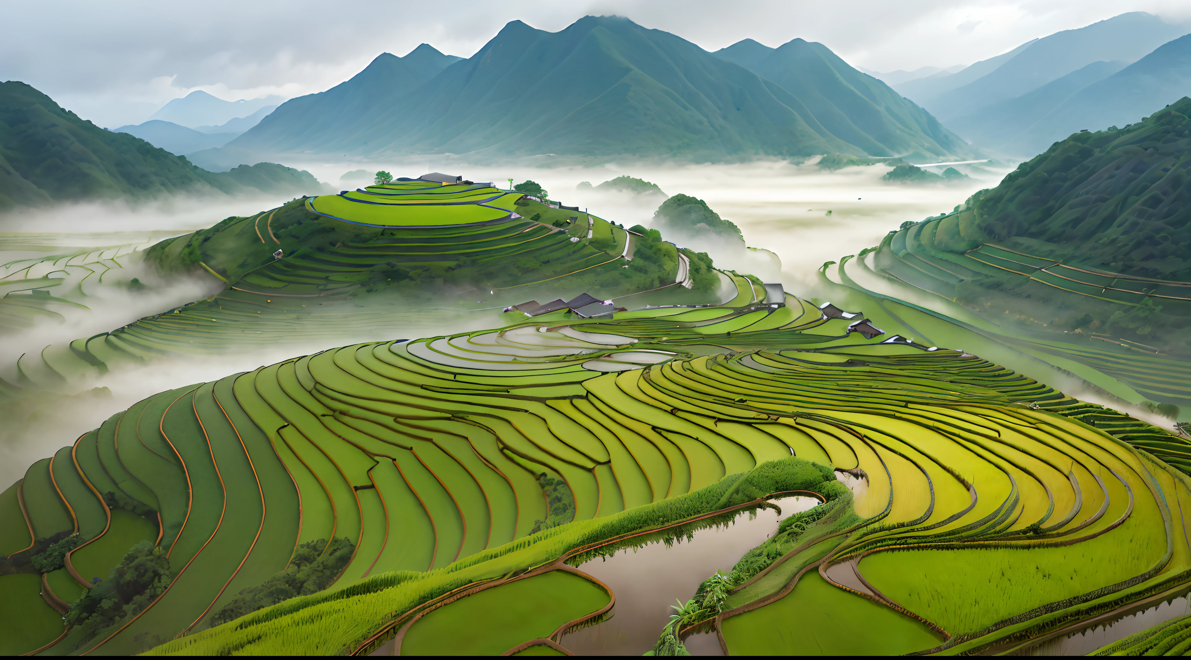 Large expanses of terraced fields, mountains, huts, with rice fields, rice fields, neat rice seedlings in the fields, misty rain, villages, agriculture, in the tranquil landscape, misty weather, in the vast tranquil landscape, in the early morning, in the morning mist, behind a small village, mist, Japanese countryside, thatched roofs --v 6