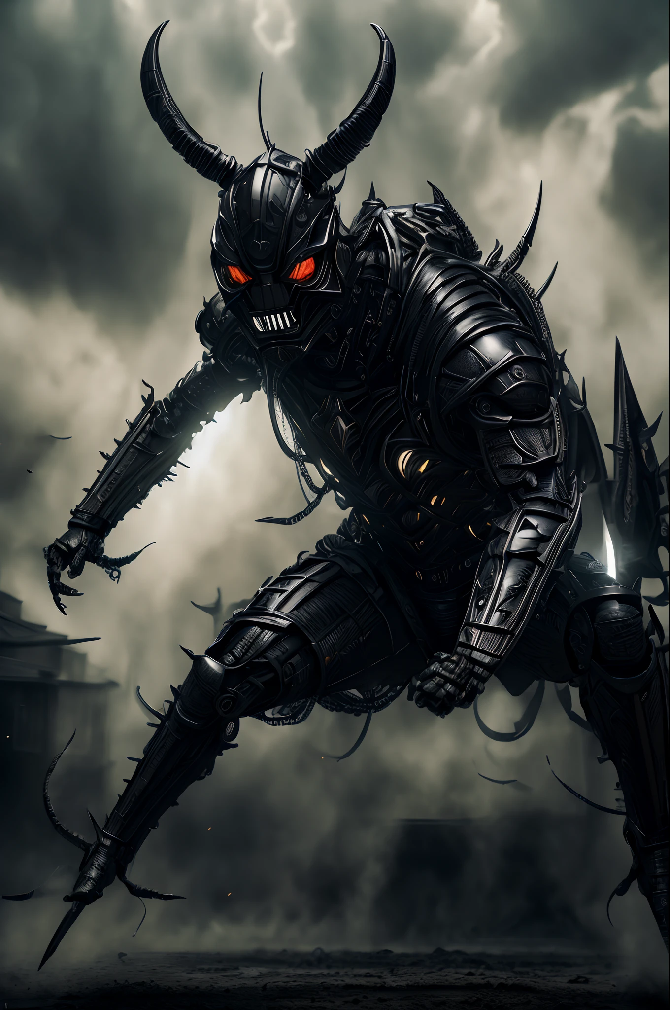(photo realistic:1.4), (hyper realistic:1.4), (realistic:1.3), (smoother lighting:1.05), (increase cinematic lighting quality:0.9),Black Grasshopper Maskde Rider Black,Eyes glowing mechanically,mechanised modified human,claw,dynamic pose,((casting a magical aura)),cinematic