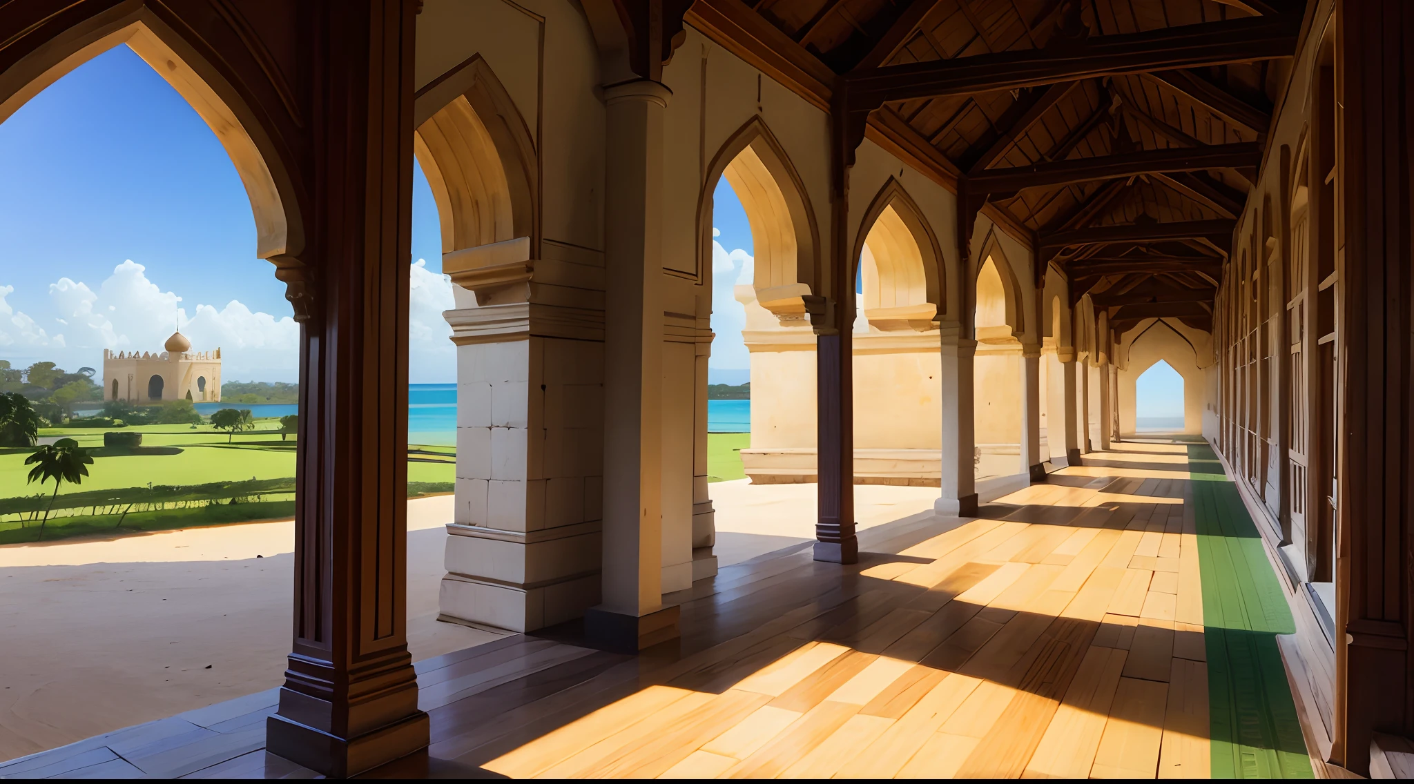 Interior view of East Africa Palace, Muslim architecture, Kilwa, Mombasa, Malindi, Sultanate, 15th century, medieval, East Africa element, mixture of East Africa style and muslim style and Kilwa style furniture, Muslim style throne, no people, no word, no wordings, no signature