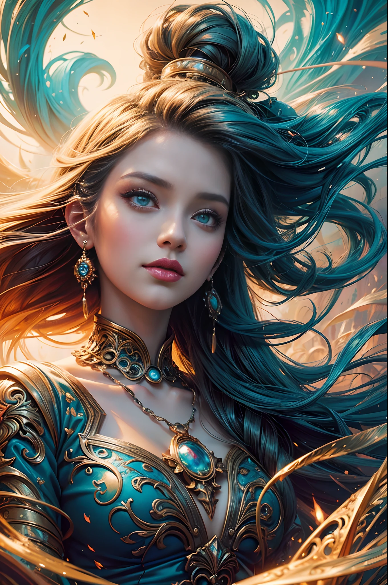 a painting of a woman with a long hair and a swirly hair, digital art inspired by Cyril Rolando, trending on cg society, fantasy art, jen bartel, digital art fantasy, colorfull digital fantasy art, gorgeous digital art, beautiful art uhd 4 k, digital art fantasy art, exquisite digital illustration, beautiful digital artwork, stunning digital illustration