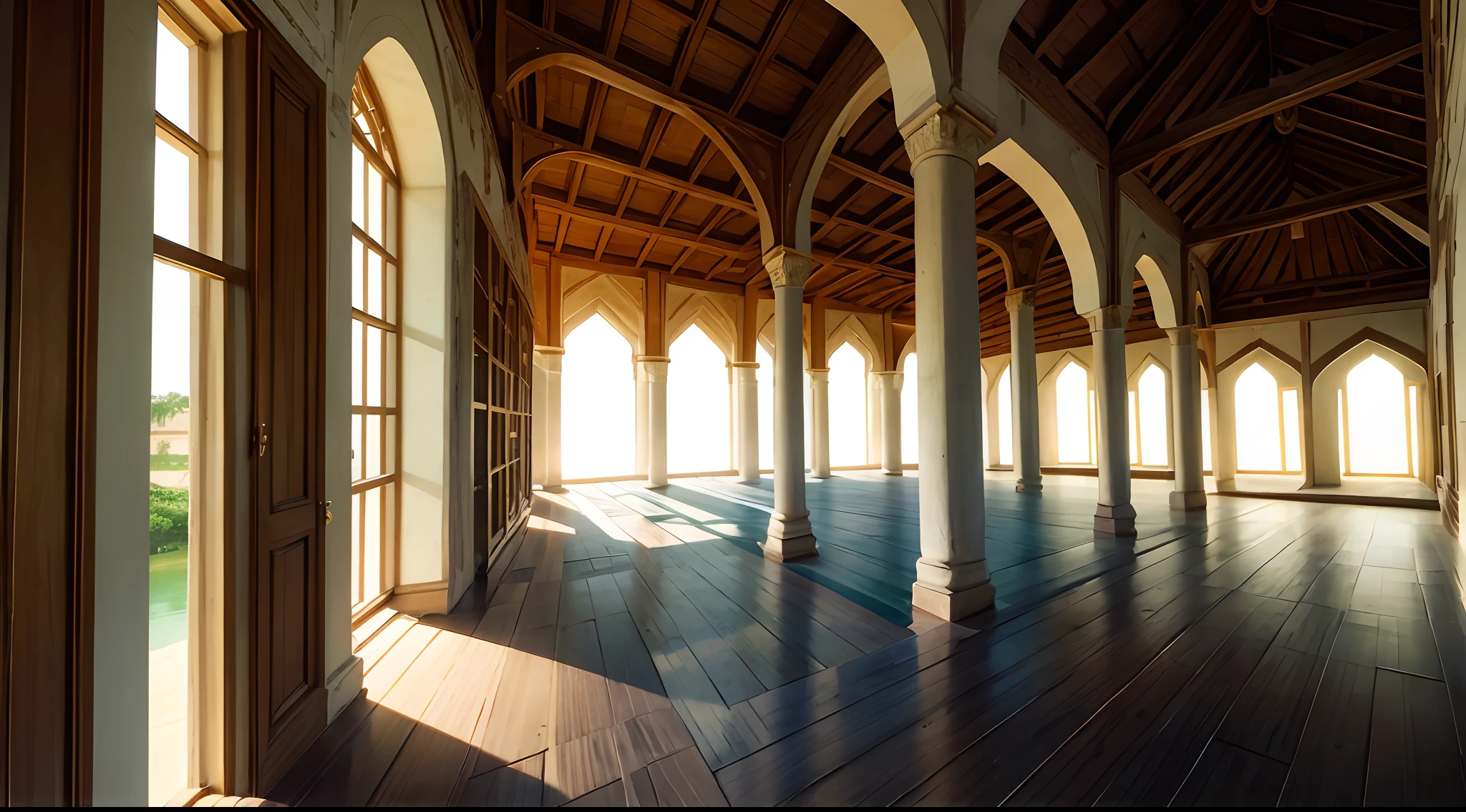 Interior view of East Africa Palace, Muslim architecture, Kilwa, Mombasa, Malindi, Sultanate, 15th century, medieval, East Africa element, mixture of East Africa style and muslim style and Kilwa style furniture, Muslim style throne, no people, no word, no wordings, no signature