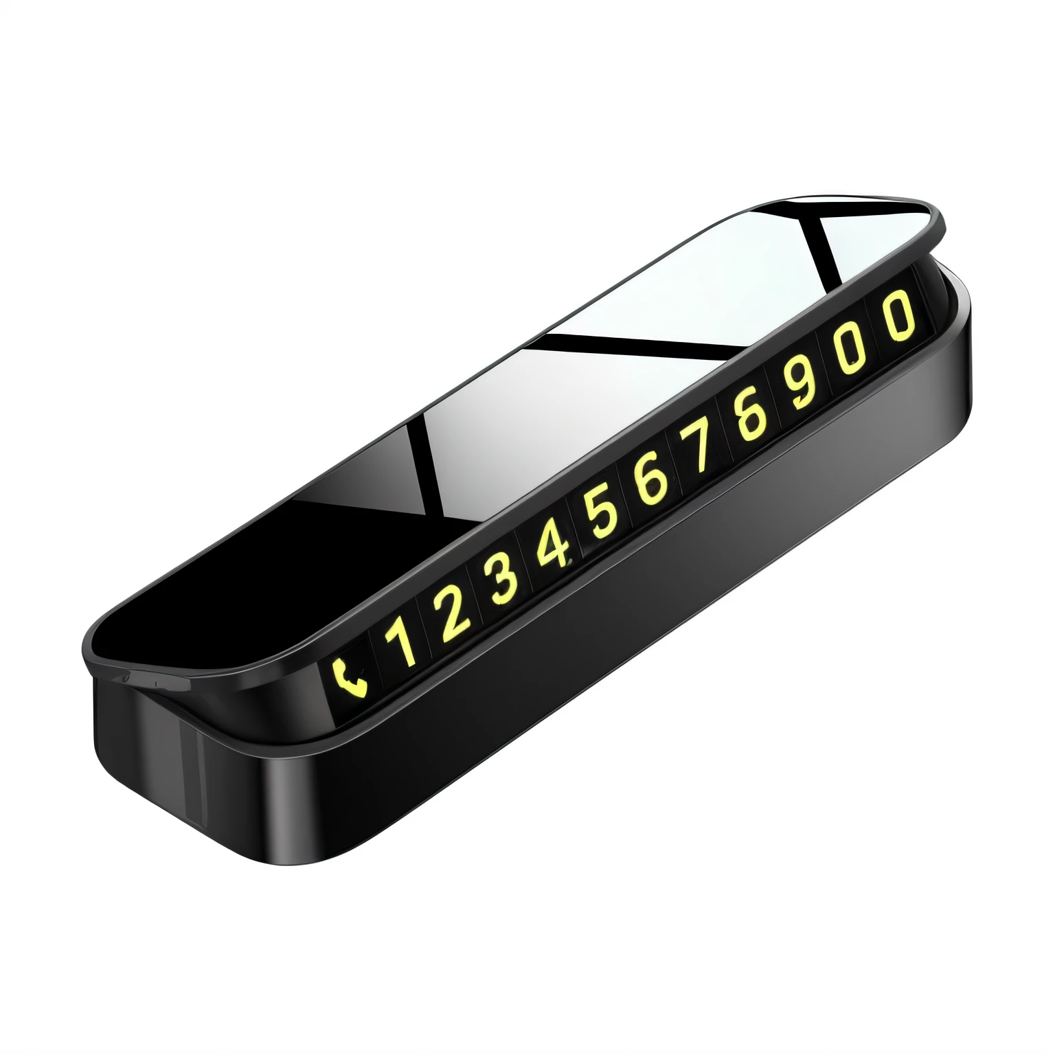 There is a black phone,There is a yellow number on it, black 3 d cuboid device, angled view, right angled view, glass oled visor head, reflection of phone in visor, top angle view, glowing oled visor, depicted as a 3 d render, Beauty holding this black phone