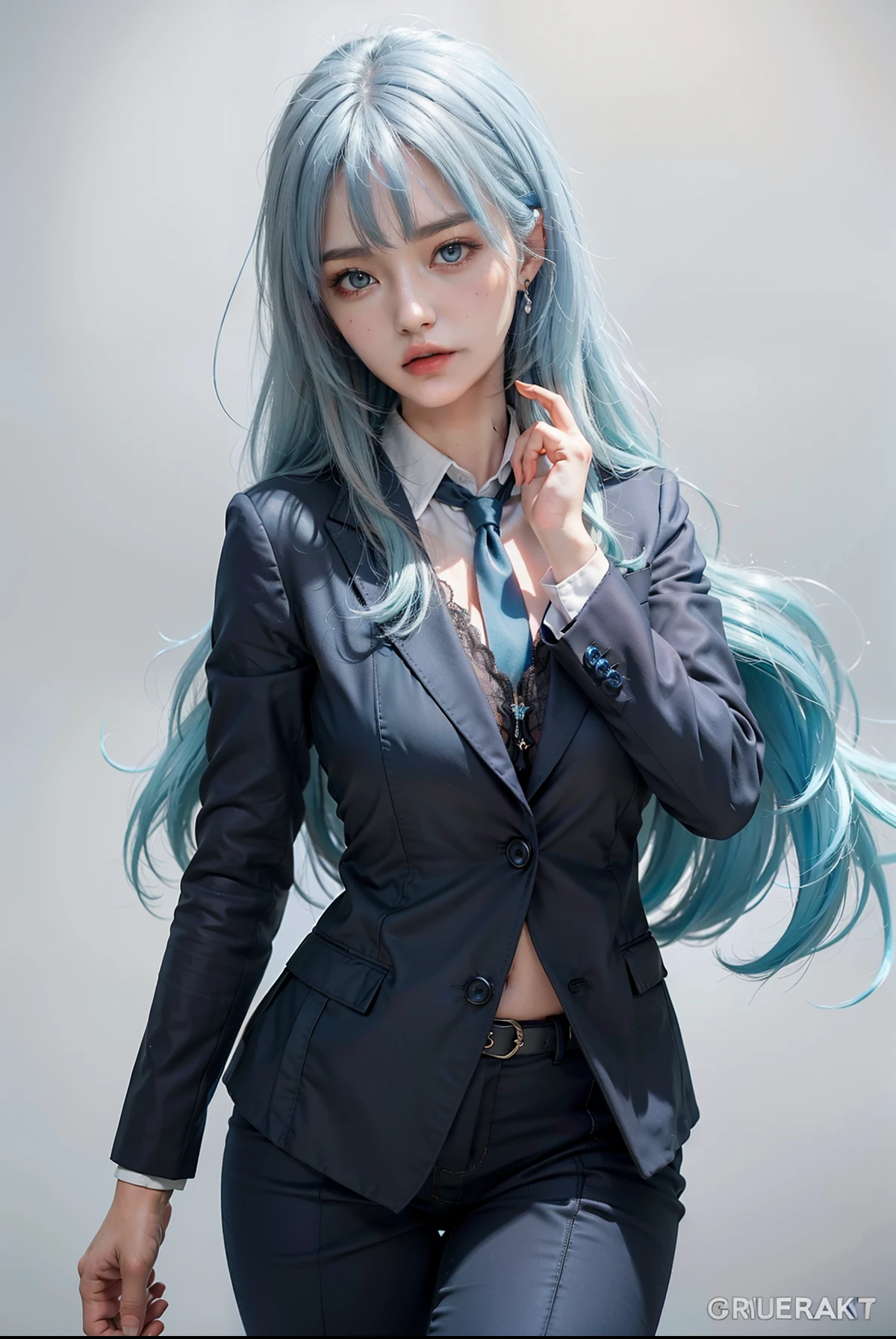 over-kneehighs, business suit, skirt suit, photorealistic, high resolution, one girl, gray hair, korean, heterochromic eyes, small moles under eyes, big, blue hair, office district