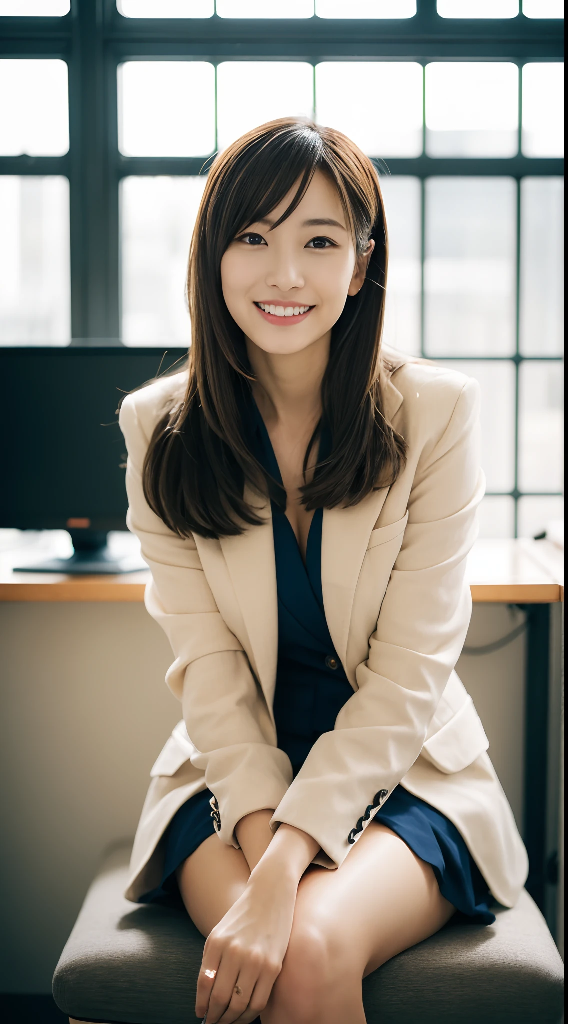 masutepiece, Best Quality, 超A high resolution,(photographrealistic:1.4) (depth of fields),(Lens Glow) , jaket:1.5、Inside the office:1.5、a Pretty Japanese woman:1.5、officeworker、Sit on a chair and open your legs:1.5、smil、a miniskirt:1.5、I can see my panties、