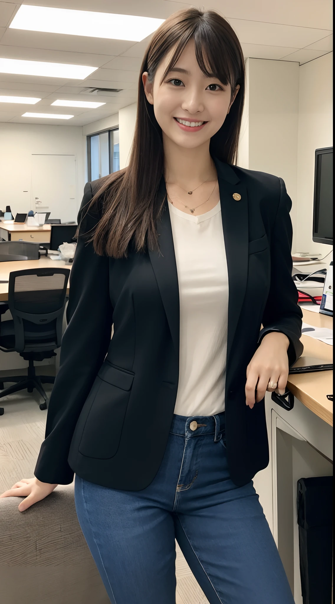 masutepiece, Best Quality, 超A high resolution,(photographrealistic:1.4) (depth of fields),(Lens Glow) , jaket:1.5、Inside the office:1.5、a Pretty Japanese woman:1.5、officeworker、Sit on a chair and open your legs:1.5、smil、a miniskirt:1.5、I can see my panties、