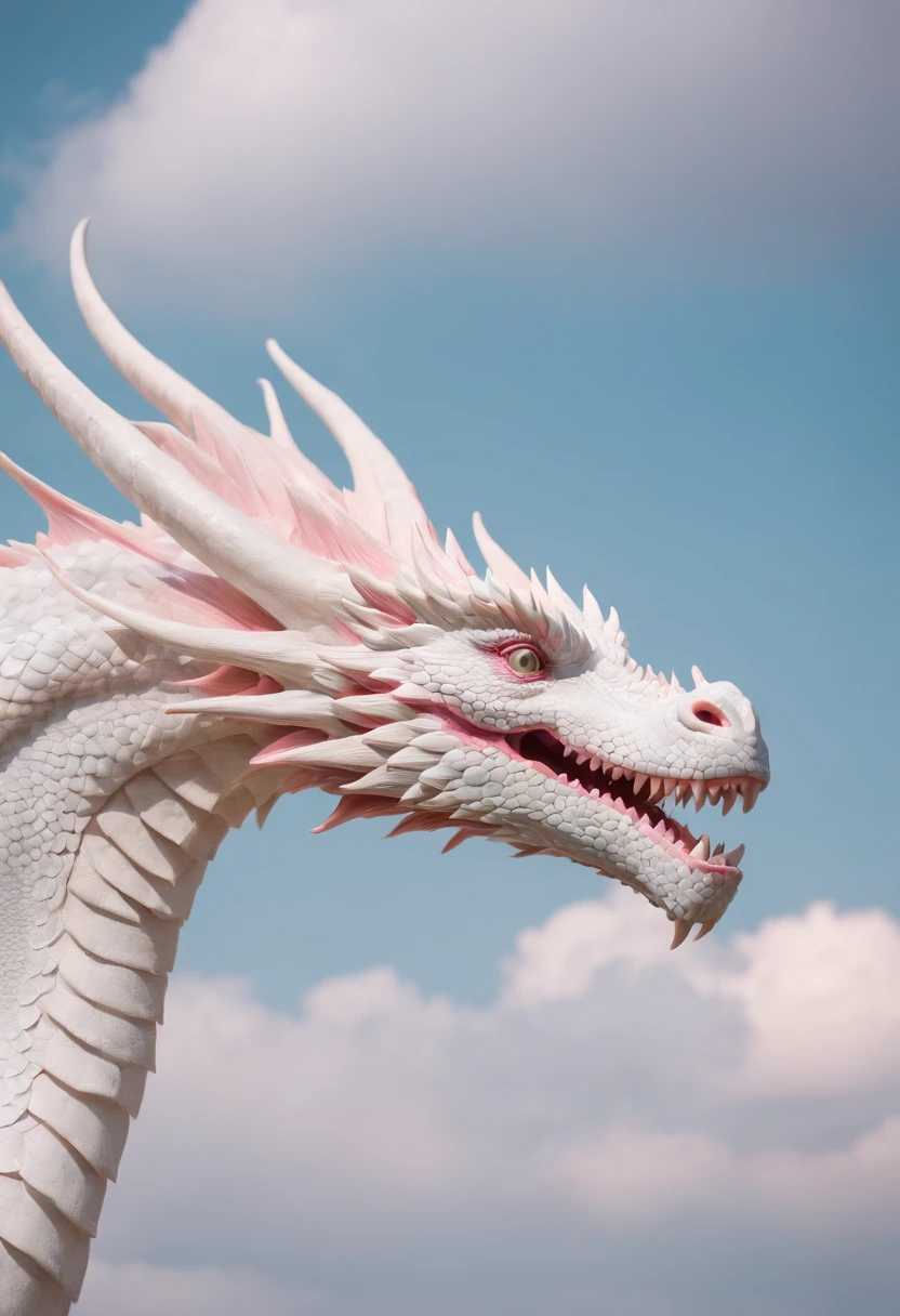 "(best quality,4k,8k,highres,masterpiece:1.2),ultra-detailed,white dragon,fluorescent scales,pastel pink,beautiful detailed eyes,long white whiskers,sharp claws,dragon wings,hovering in the sky,pinkish sky,glowing clouds,sparkling stars"
