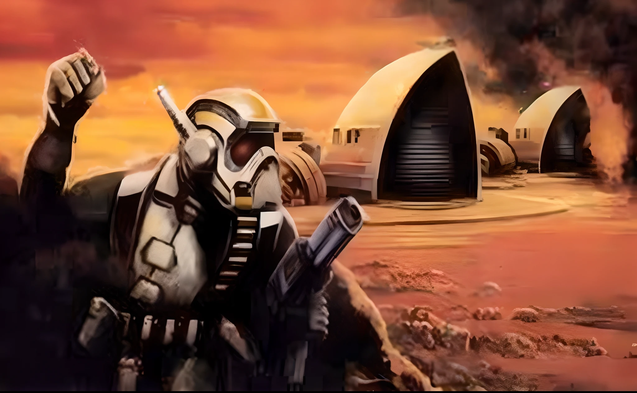 a close up of a person holding a gun near a building, 1980s art, military chris foss, mars colony, in an arena in dune 2021, space opera and dystopian style, american soldiers invaded mars, battletech style, space soldier on mars with a gun, 8 0 s art, cylon, depicted as a scifi scene