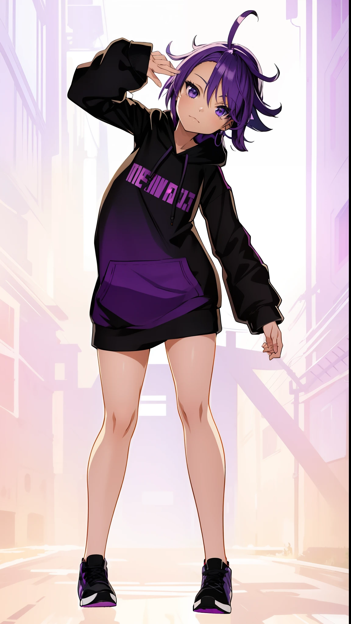 Anime girl in black hoodie with purple hair and black boots, full body portrait of a short!, full_Body!!, !!Full body portrait!!, Full body!!, anime full body illustration, Full body illustration, anime moe art style, portrait of a full body, made with anime painter studio, flat anime style, in a hoodie, Full body!, an anime girl