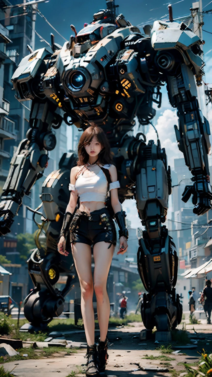 ((master-piece,best qualiy)),illutstration,Ultra-detailed 8K,Realistic ,Clear focus,Highly detailed,Professional lighting,Colorful details,carbon whear, Rainbow color BREAK factory super long shot,Large mechanical robot structure,Up,microchips,Computer,glowing with,Intricate details,shitu-mecha,1 Cyberpunk beautiful girl standing in carbon whear ,Toned body,