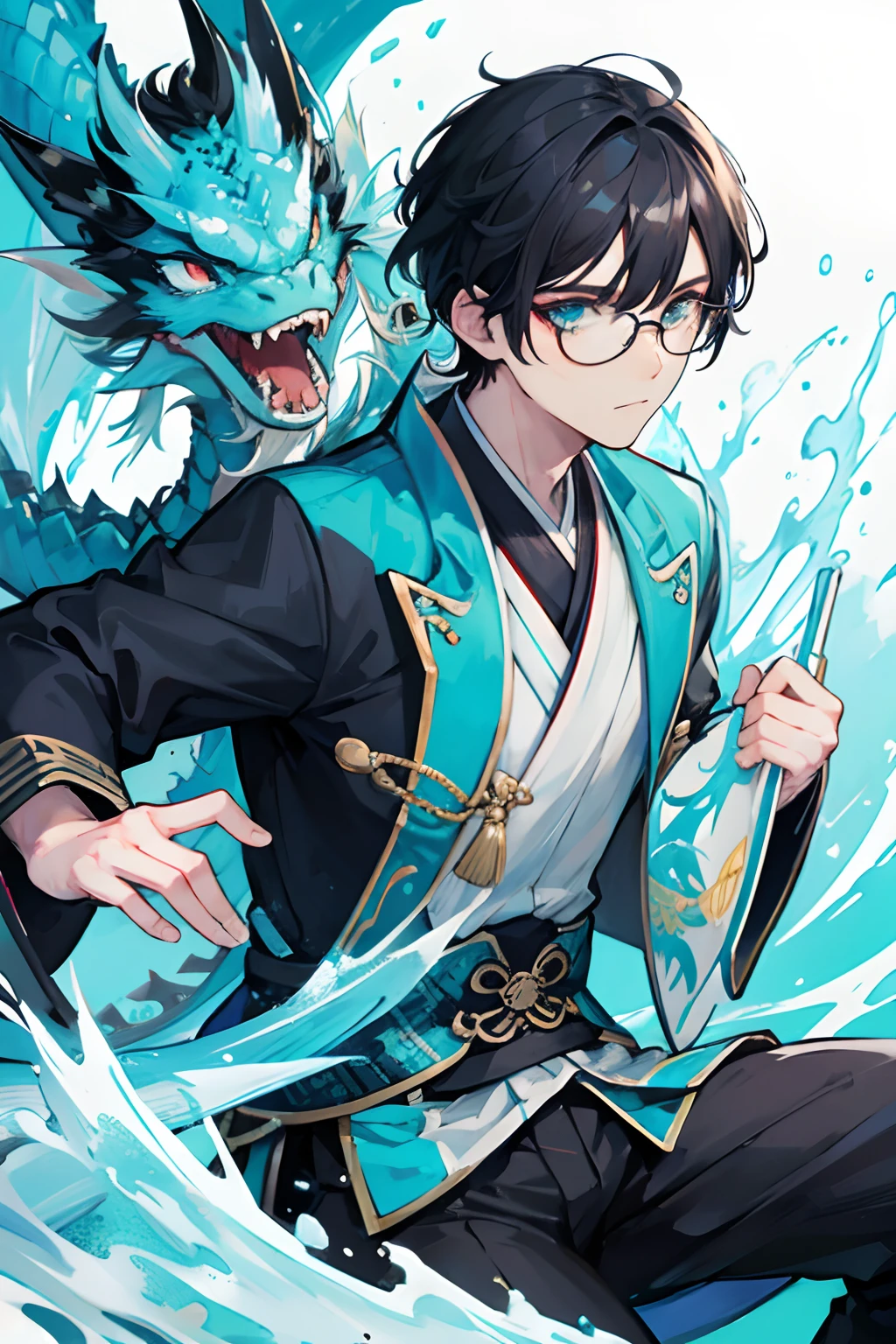 cyan and black hair man, round glasses, Asian , cold face, traditional clothes with dragon details,