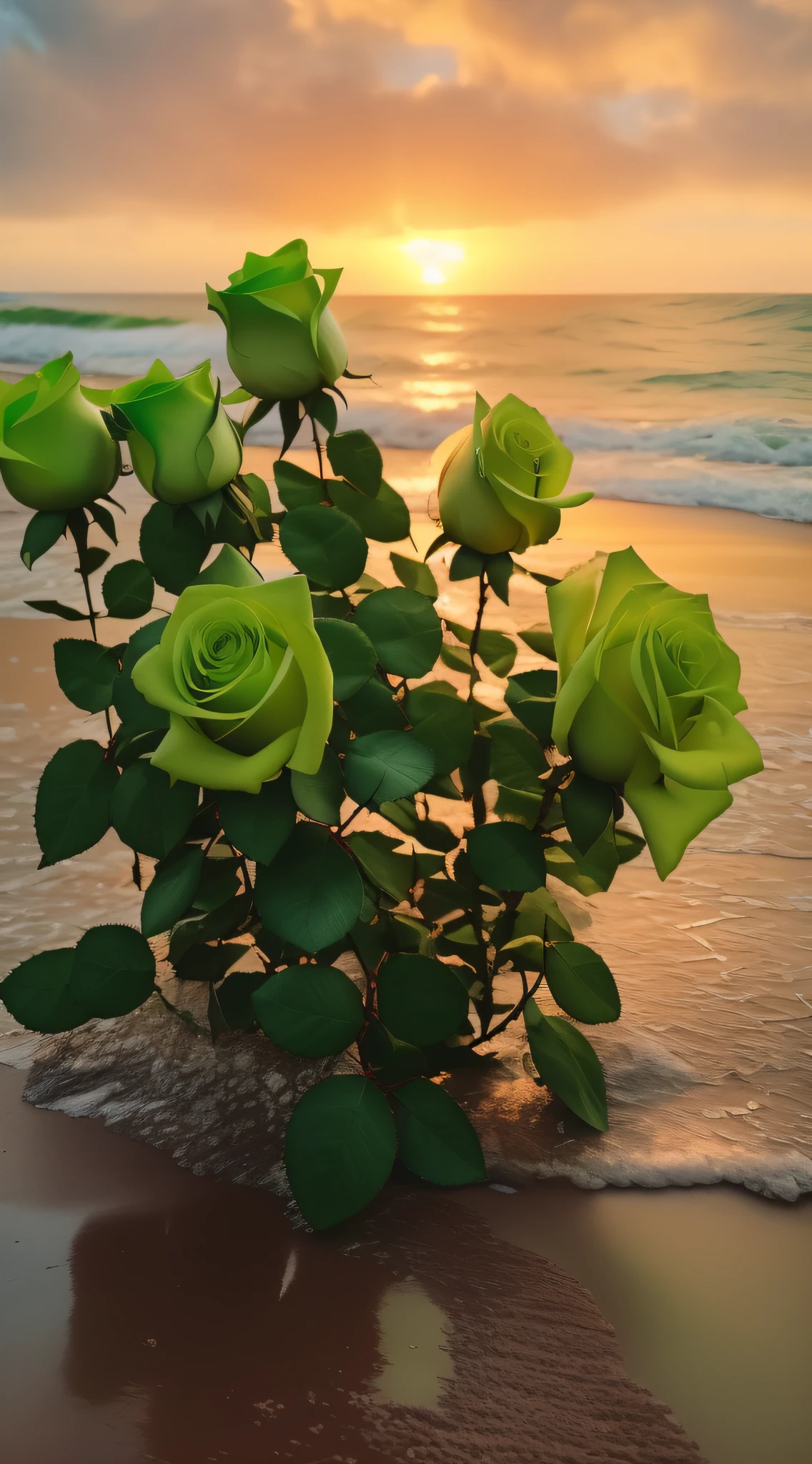 There are some green roses on the beach, rosses, rosette, Beautiful nature, in gentle green dawn light, Beautiful wallpaper, green and yellow in color, Nature wallpaper, Beautiful flowers, beautiful iphone wallpaper, wallpaper hd, in gentle green dawn light, Green sea, a few roses, green ocean, green color, floral sunset, Really beautiful nature