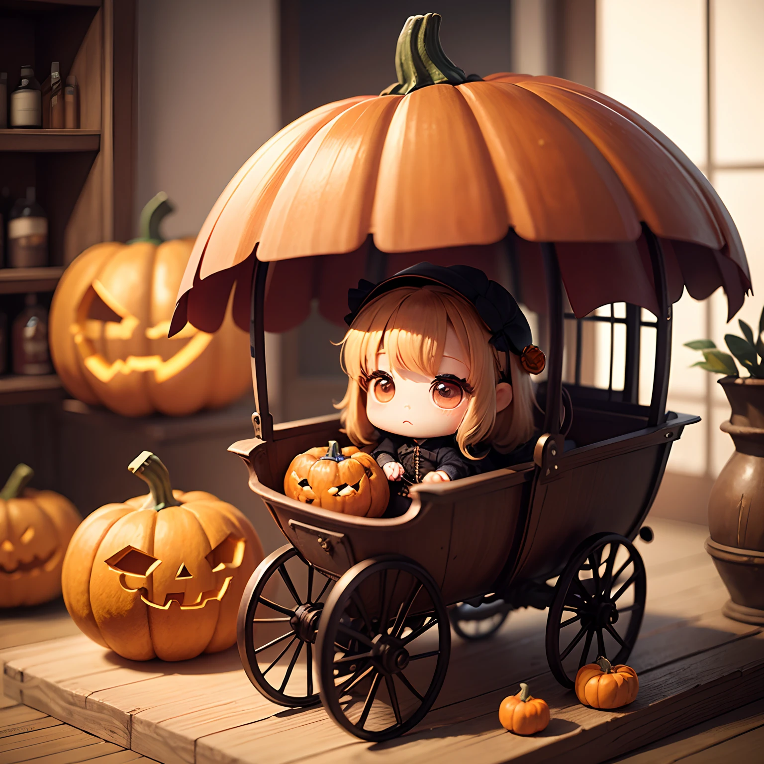 ​masterpiece、top-quality、ultra-detailliert、(Chibi Chara's Daughter:1.2)、Antique sundries in a carriage in the form of a pumpkin、Chibihime、