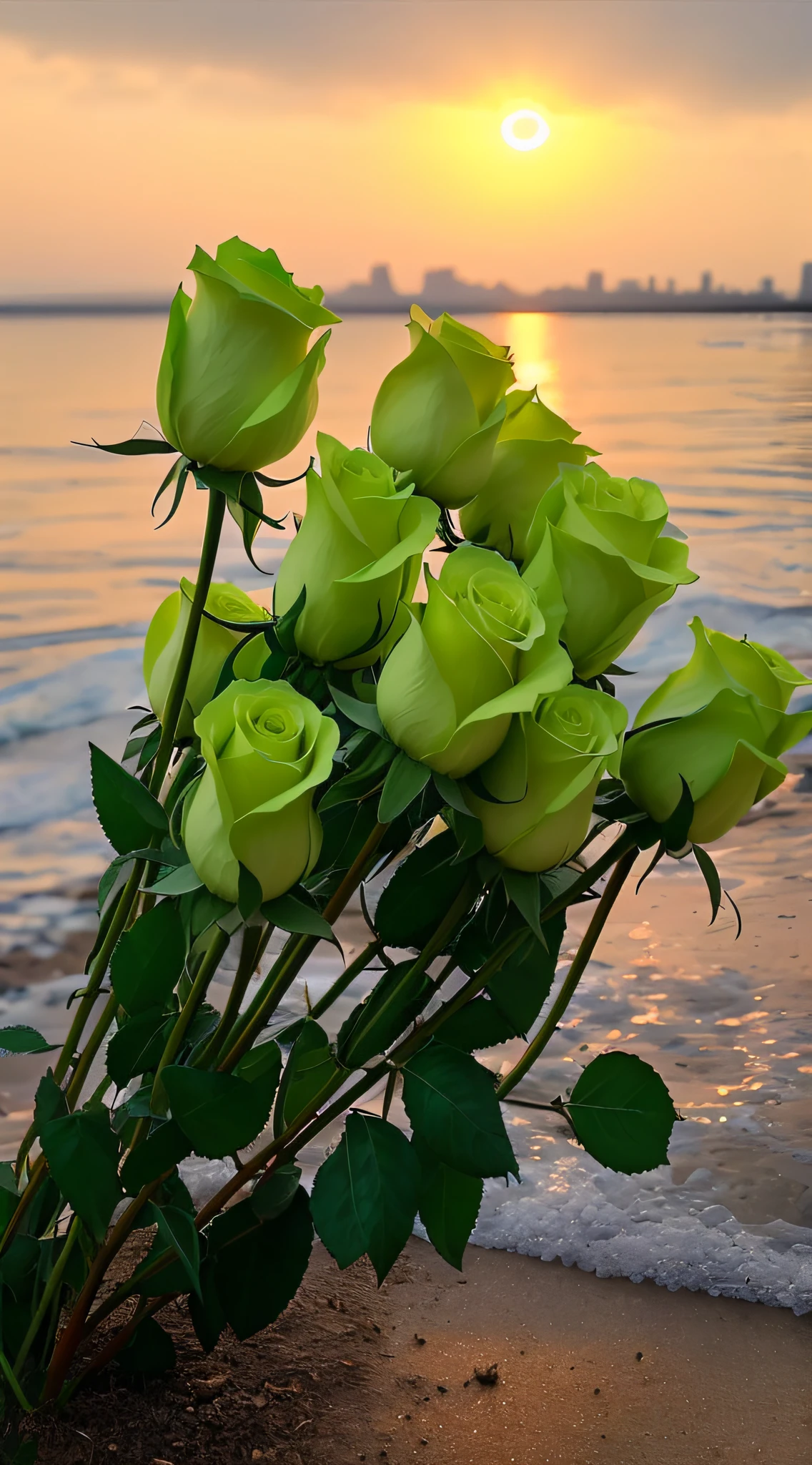There is a bouquet of green roses on the beach, roses in cinematic light, rosses, rosette, a few roses, green waters, in gentle green dawn light, Morning glow, in gentle green dawn light, green and yellow in color, Warm glow, green glow, green and yellow tones, Glowing flowers, alexey egorov, for a beautiful