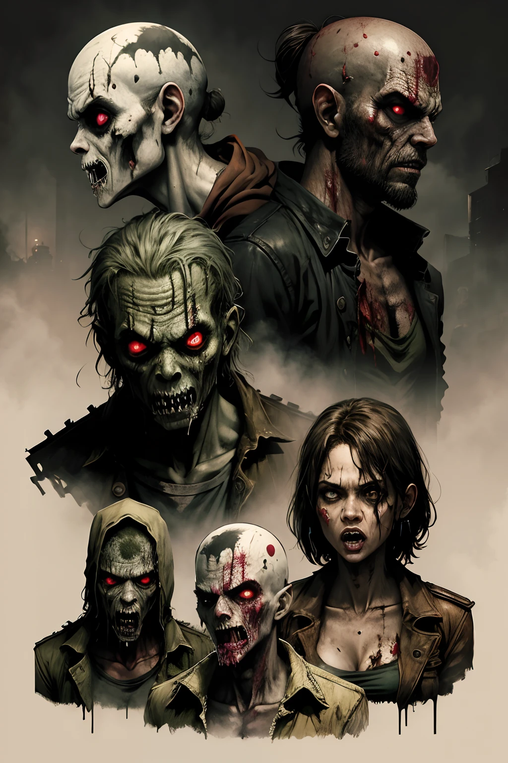 various zombies, zumbi, terror, apocalipse, mundo apocaliptico, Estilo The Walking Dead, Luz moribunda, Zombie agglomerations, Zombified island scenery, Zombified city scenery, cenario apocaliptico
