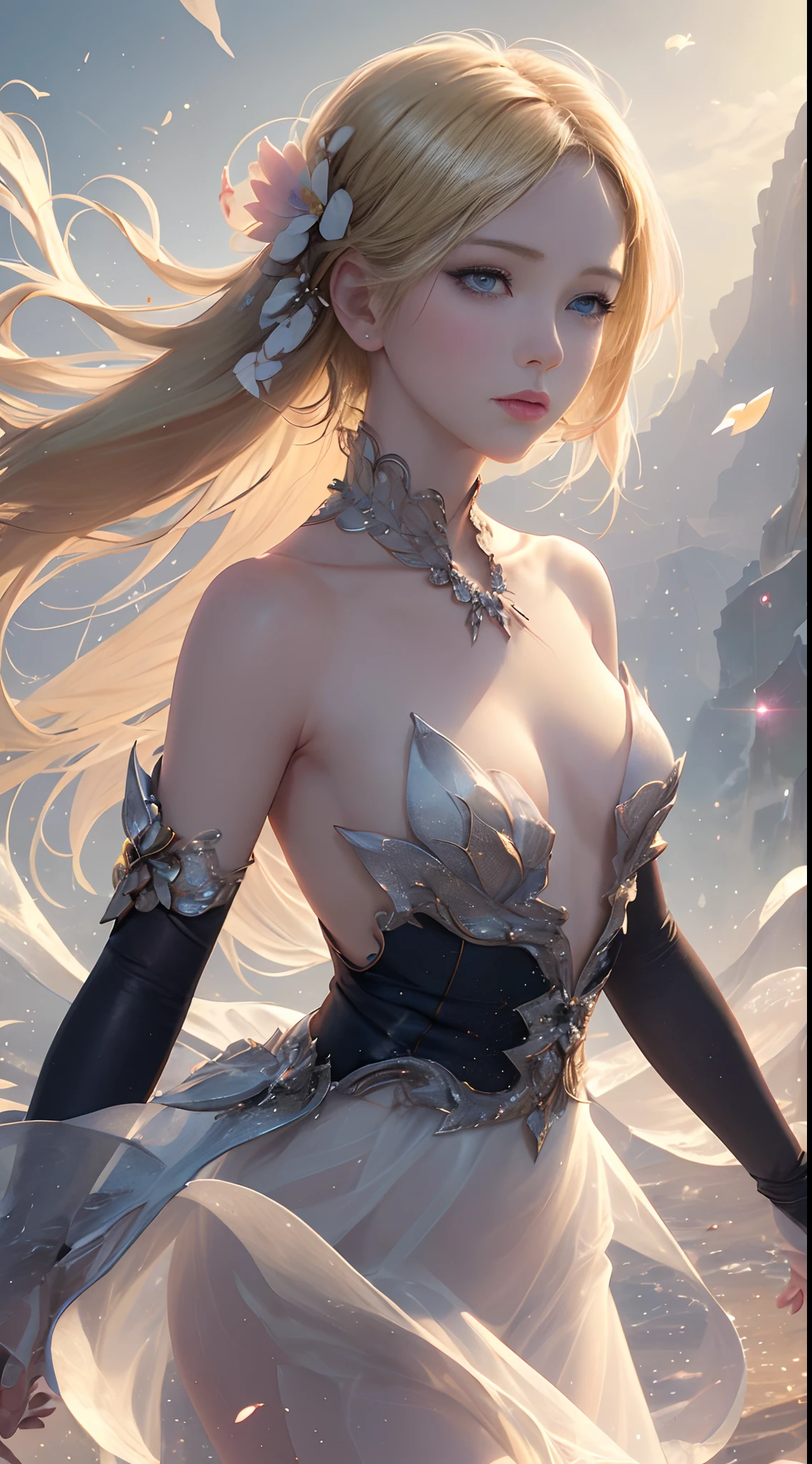 (best quality, masterpiece), 1girl, pose, particle, wind, flower, upper body, simple background, looking at viewer, blonde, galaxy,backlit,rimlight