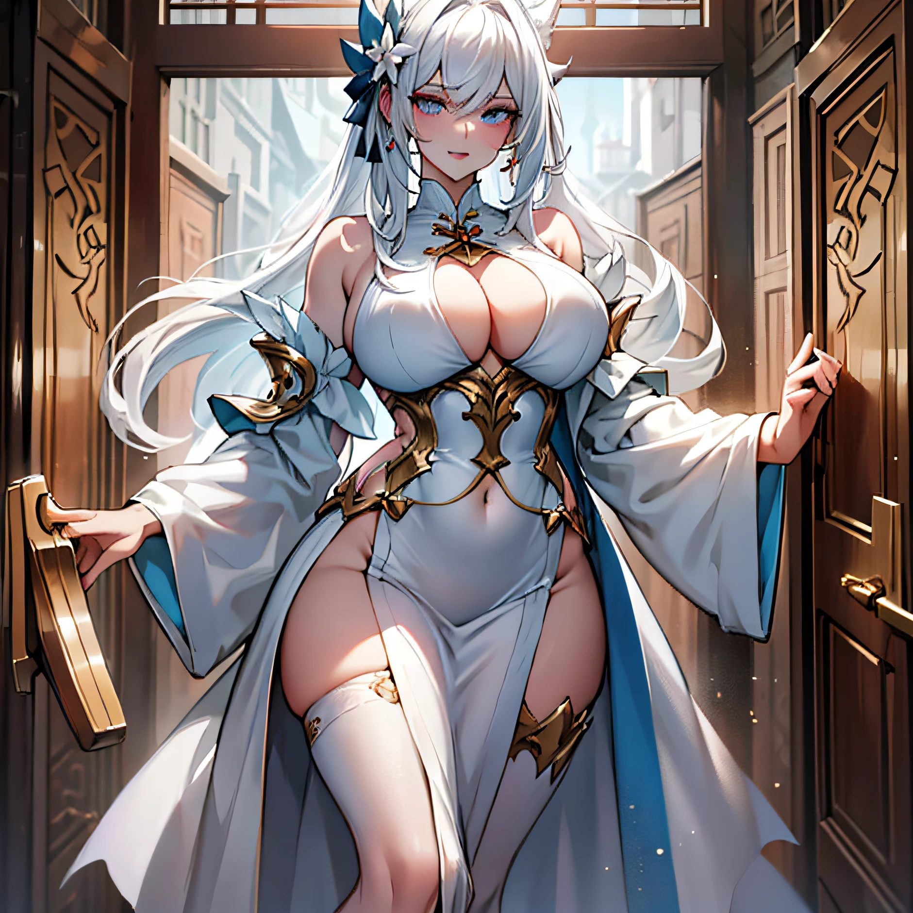 Meet her outside the door of the Cultivation Hall,She has a cold and elegant appearance,White clothes and white hair,Long and thin body,Plump breasts stand up,The corset opens,Large areas of milk meat are exposed,Attractive,a pair of long, Well-proportioned legs exposed under slit skirts。