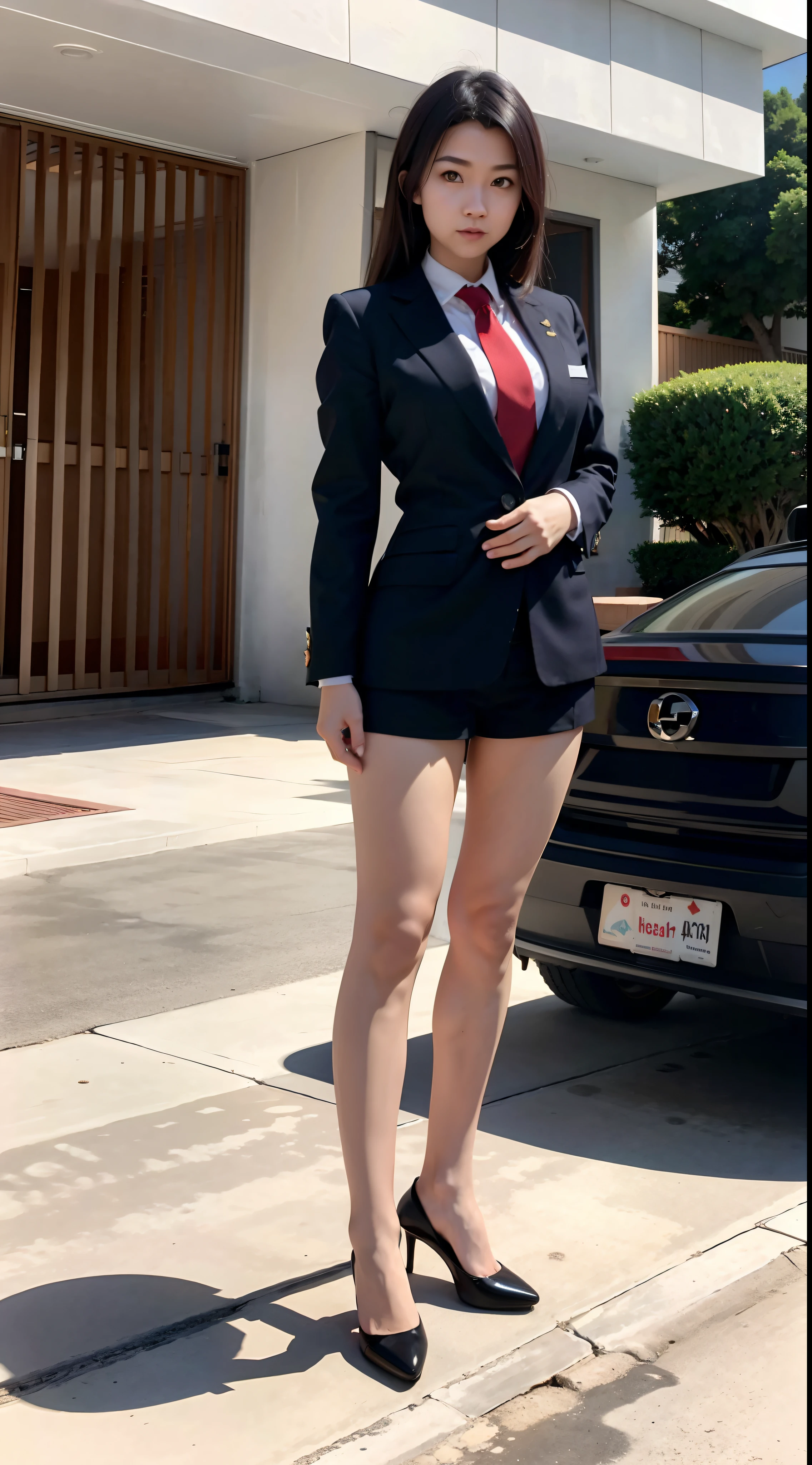 mix4, 20 days, Solo, suit,Arms drooping，Arms behind your back，Stand with your hands down，school_uniform, school_suit, street, standing, Curvy, High_Heels, look_at_peeping at the viewer, full_Body, (8K, RAW photo, Best quality, Masterpiece:1.2), (Realistic, photo-realistic:1.37), Professional lighting, photon maping, Radio City, Physically-based rendering, Blurry, Blurry_Background, Depth_af_Field