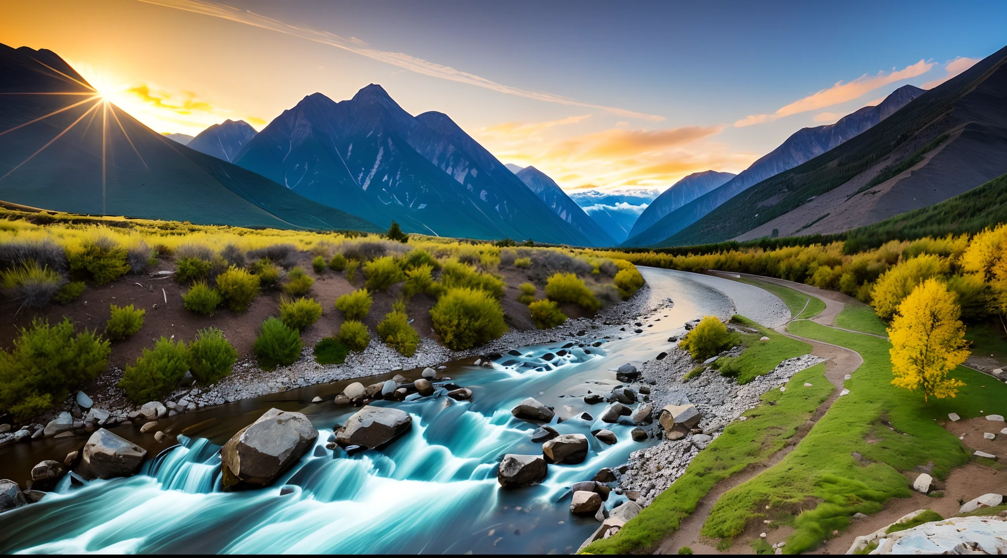 Mountains and rivers: Capture the image of a river that runs through a mountainous landscape to create a dramatic and natural image.