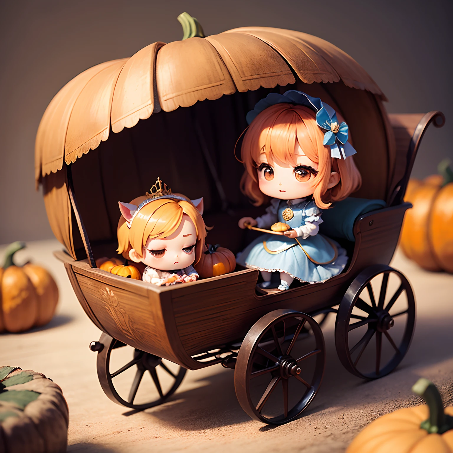 masterpiece、top-quality、ultra-detailliert、(Chibi Chara's Daughter:1.2)、Antique miscellaneous goods with a horse pulling a pumpkin-shaped carriage、Chibi Cinderella Princess