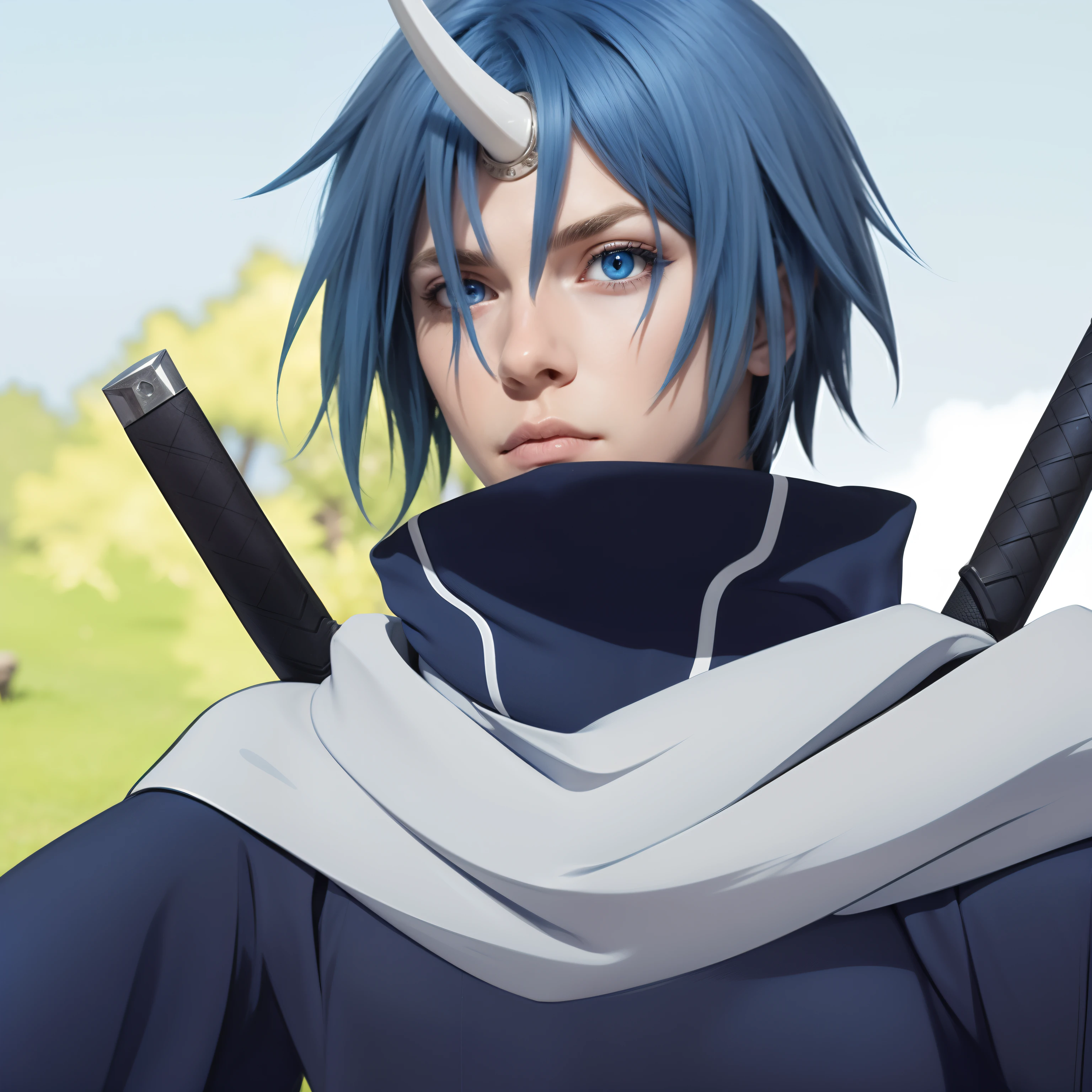 masterpiece, best quality, ultra detailed, highly detailed, 1boy, blue eyes, blue hair, blue eyeshadow, white horn, two black sword handle