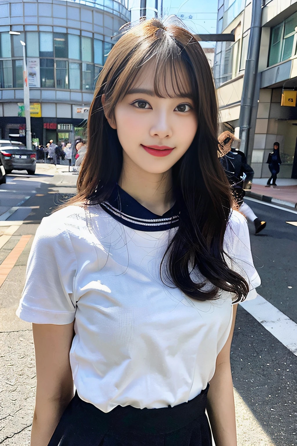 ultra best quality、masterpiece、超A high resolution、(Photorealsitic:1.4)、the Extremely Detailed CG Unity 8K Wallpapers、Detailed and complex、original、hight resolution、Raw foto、(perfect body type)、Detailed and complex,、Digital SLR、softlighting、hightquality、film grains、depth of fields、FujifilmXT3、50mm lens、back lighting、HDR、hyper realstic、Color Grade、dynamicposes、portlate、japanes、a smile、s lips、bangss、(Crowded Akihabara:1.2)、Front view View viewer、natural soft light、girl with、20yr old、full bodyesbian、独奏、 pupils、University、校服、sailor collar、Bobby Socks、pleatedskirt、daytime、in a street、deep-shadows、cute little、Beautie、Unobtrusive、Cold light 12000K \\ a street、The state of the store、akihabara、Shinjuku、Shibuya、Ikebukuro、Detailed Realistic、detaileds、Skin texture、ultra-detailliert、realistic skin textures、(Dramatic、awardwinning photo、Incredible masterpiece:1.3)、frontage、Random Poses