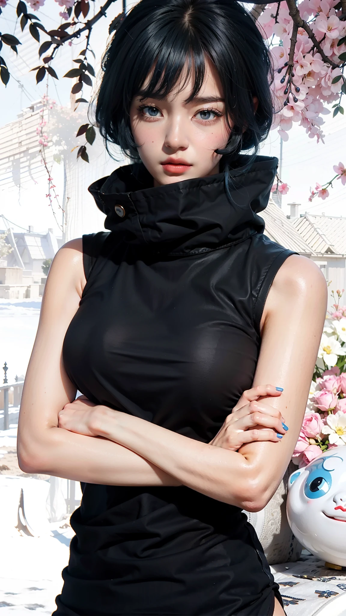 Best quality, masterpiece, big boobs, (large breasts), detailed skin texture, detailed cloth texture, detailed face, super detail, 8k, intricate detail, 1girl, blue hair, black hair, pretty lips,