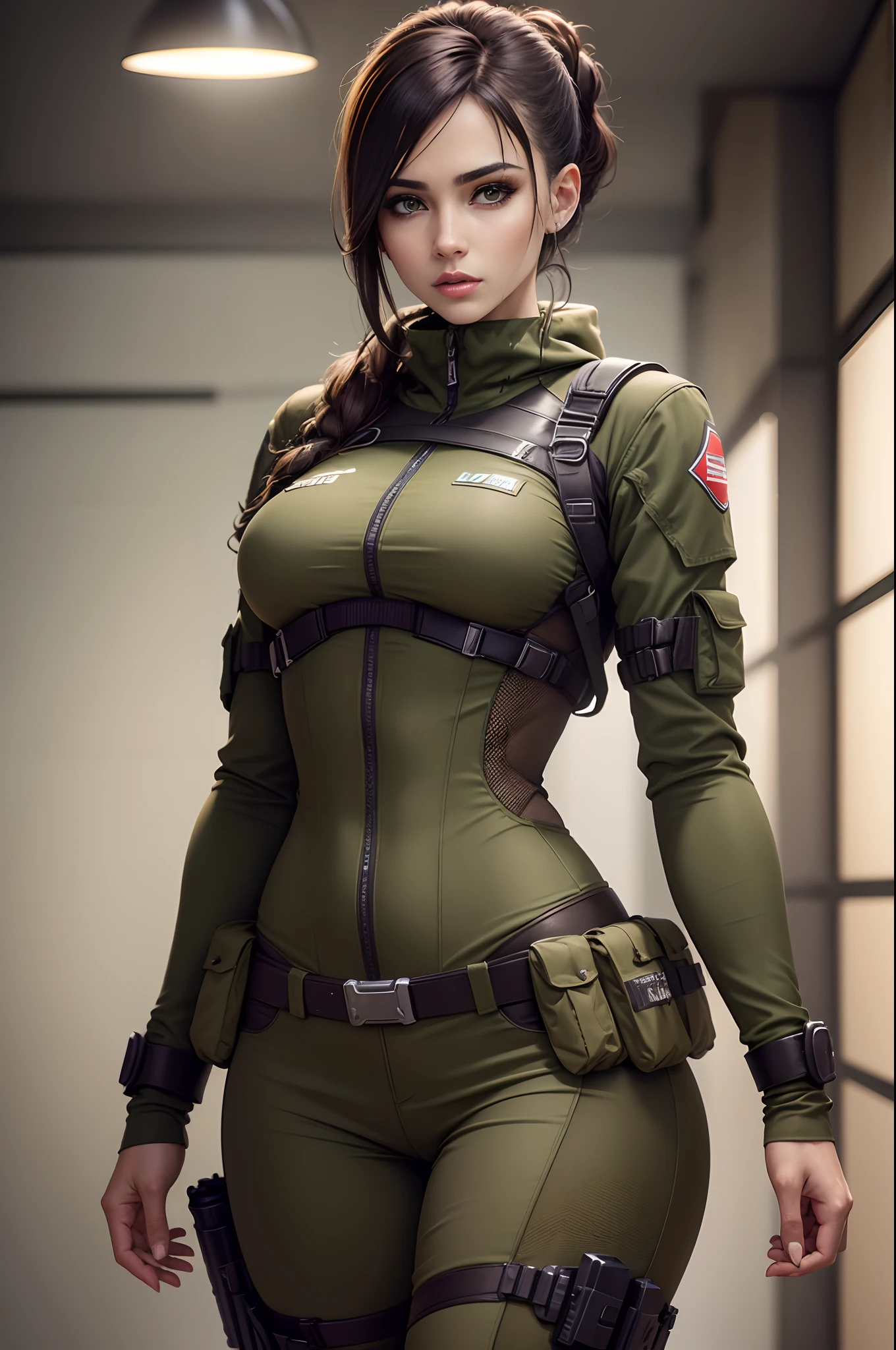 Obra prima , RAW Camera , ultra qualidade , volumeric lighting, HDR, Max Resolution, Garota linda , estilo militar , estilo de roupa do jogo Call of Duty , Generic Game Character , roupa camuflada e sexy , mulher musculosa e com enormes quadris , cintura Fine e mascada , tudo muito detalhado, sexy position, olhos verdes, wet lips, corpo inteiro, Fundo cena de guerra , 8k