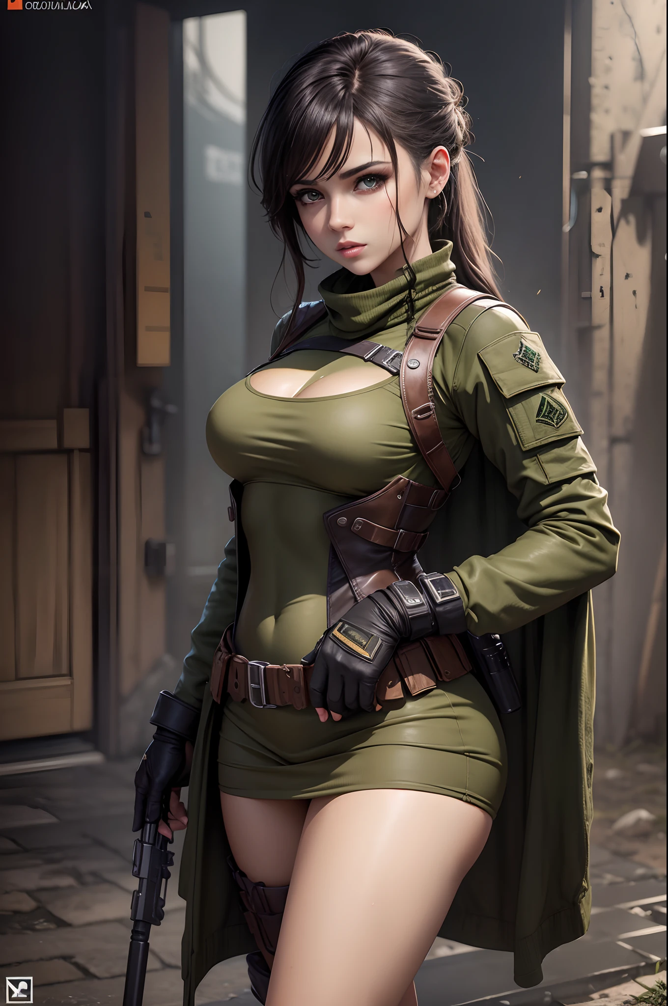 Obra prima , RAW Camera , ultra qualidade , volumeric lighting, HDR, Max Resolution, Garota linda , estilo  militar , estilo de roupa do jogo  Call of Duty , Generic Game Character ,  roupa camuflada e sexy , mulher musculosa e com enormes quadris , cintura Fine e mascada , tudo muito detalhado, sexy position, olhos verdes, wet lips, corpo inteiro, Fundo cena de guerra , 8k