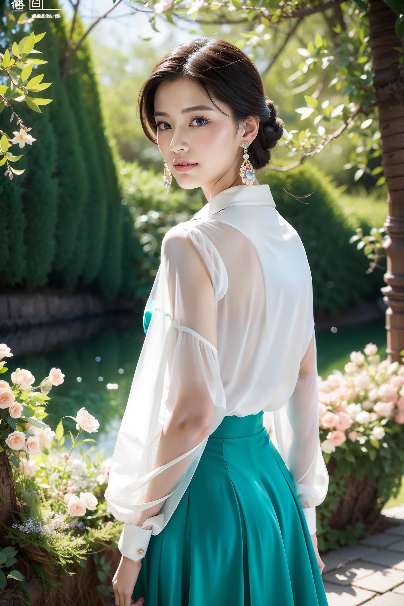(8K分辨率,close-up all over the body),(1womanl,18yr old,((Esther's facial features, thailand:1.8,Soft cute,s delicate face,详细的脸),confident smile),Fair smooth skin,(Best Skin Type:1.21),Exaggerated traditional hairstyle,((Skirt,High-waisted skirt,Bust-length skirt,Collared skirt,Pair it with extremely intricate jewelry, Luxury silk ski spinning,(Ultrathin,softness)),Elongated earrings,(Girl in a sea of flowers,Natural dependence,Naturally placed hands),delicate artwork,perfect hand,Ultra-fine clothing material),(lakeside,A peach blossom forest full of flowers,Exquisite setup details),(Professional lighting,动态照明),((Dignified and elegant,white colors,In pink,cyan colors))),(Golden section,Cinema lenses,Hasselblad photograp,tmasterpiece:1.3),(Xianxia,vintage art,trendsetting,Official propaganda,Art platform)